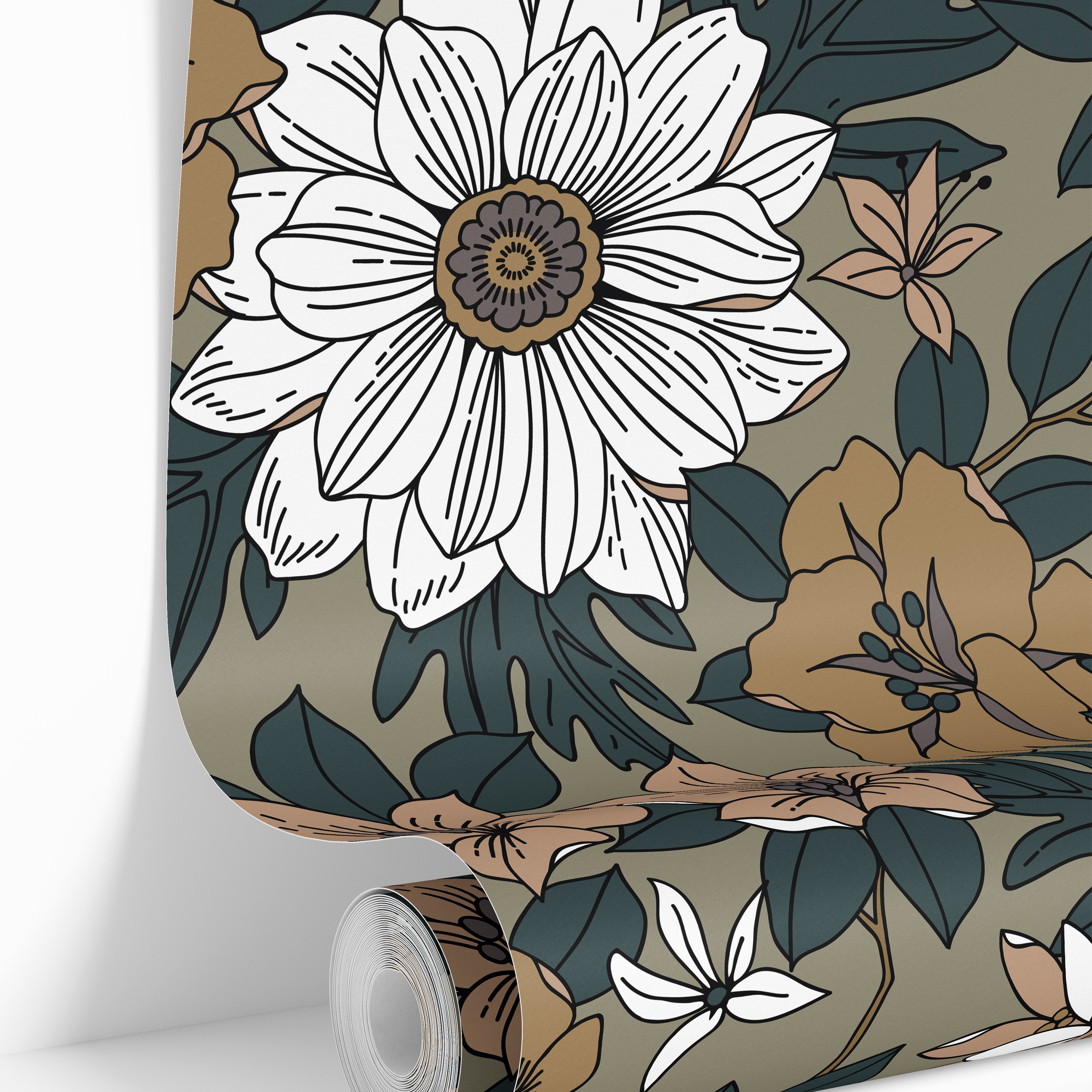 Roll view of Oaken Grove floral wallpaper featuring earthy bronze flowers, ivory blooms, and dark botanical foliage.
