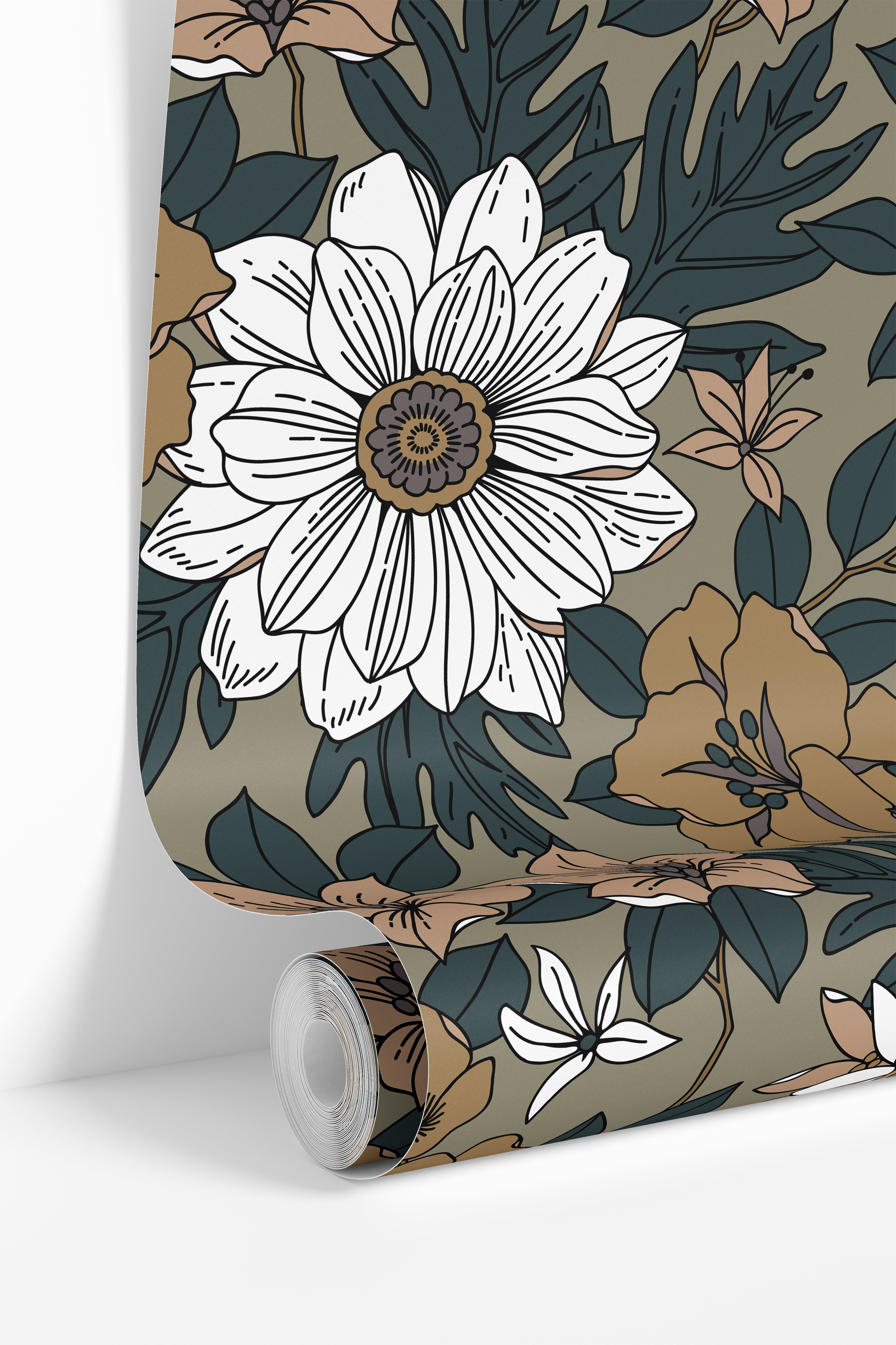 Roll view of Oaken Grove floral wallpaper featuring earthy bronze flowers, ivory blooms, and dark botanical foliage.
