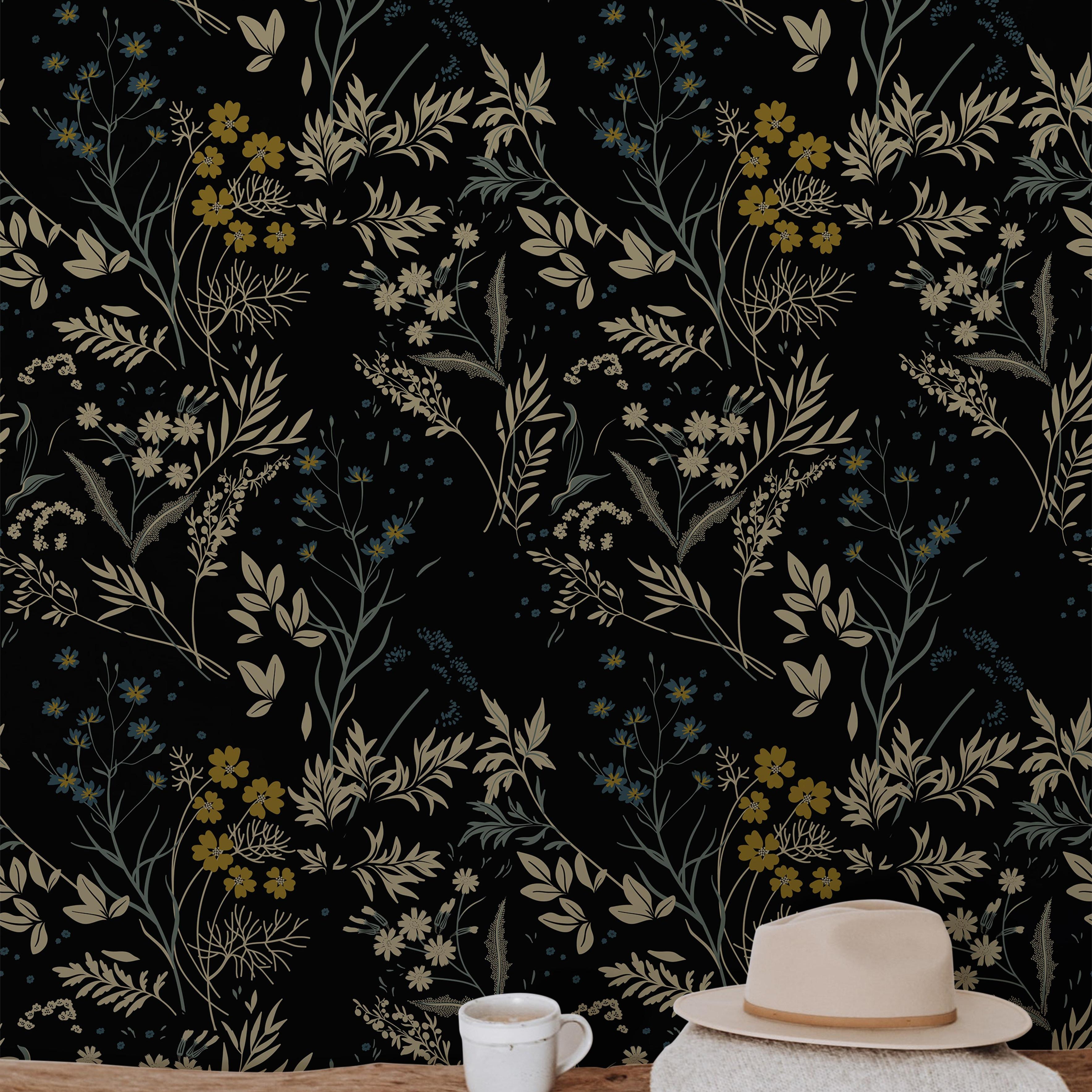 black wallpaper with beige and blue botanicals 860