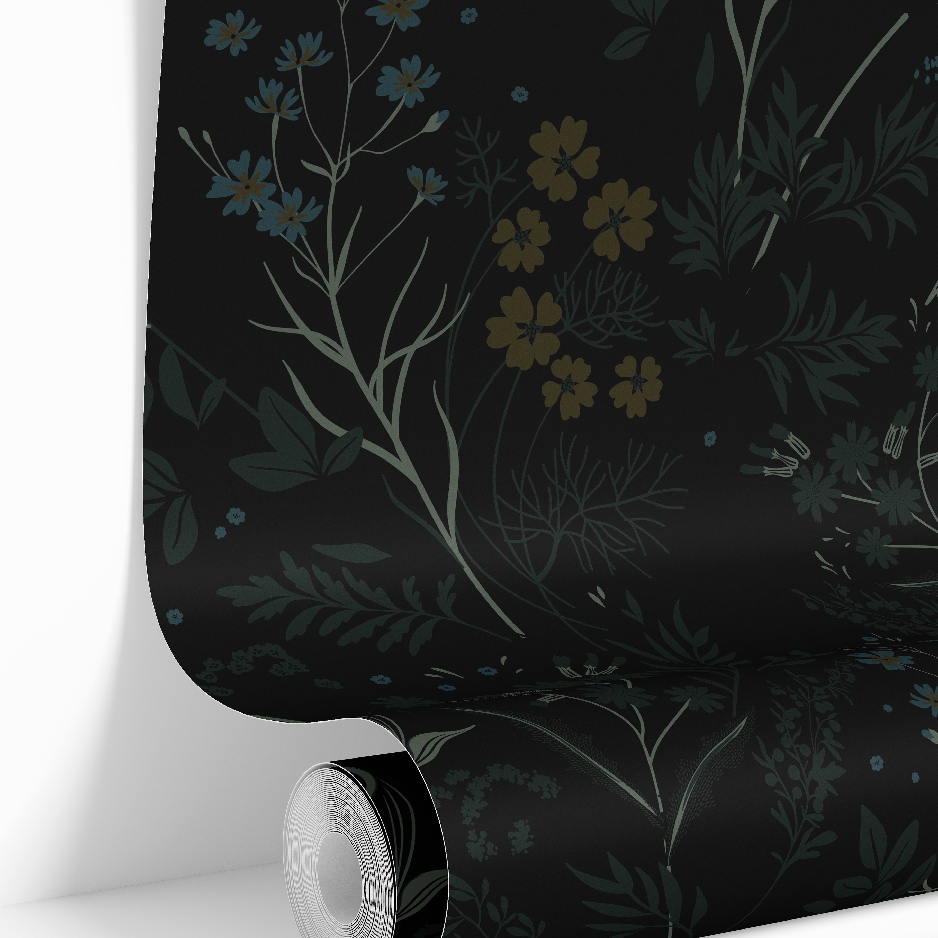 Close-up of Obsidian Wildflower wallpaper showing dark floral botanical detailing with muted blue flowers and earthy foliage on a black background.