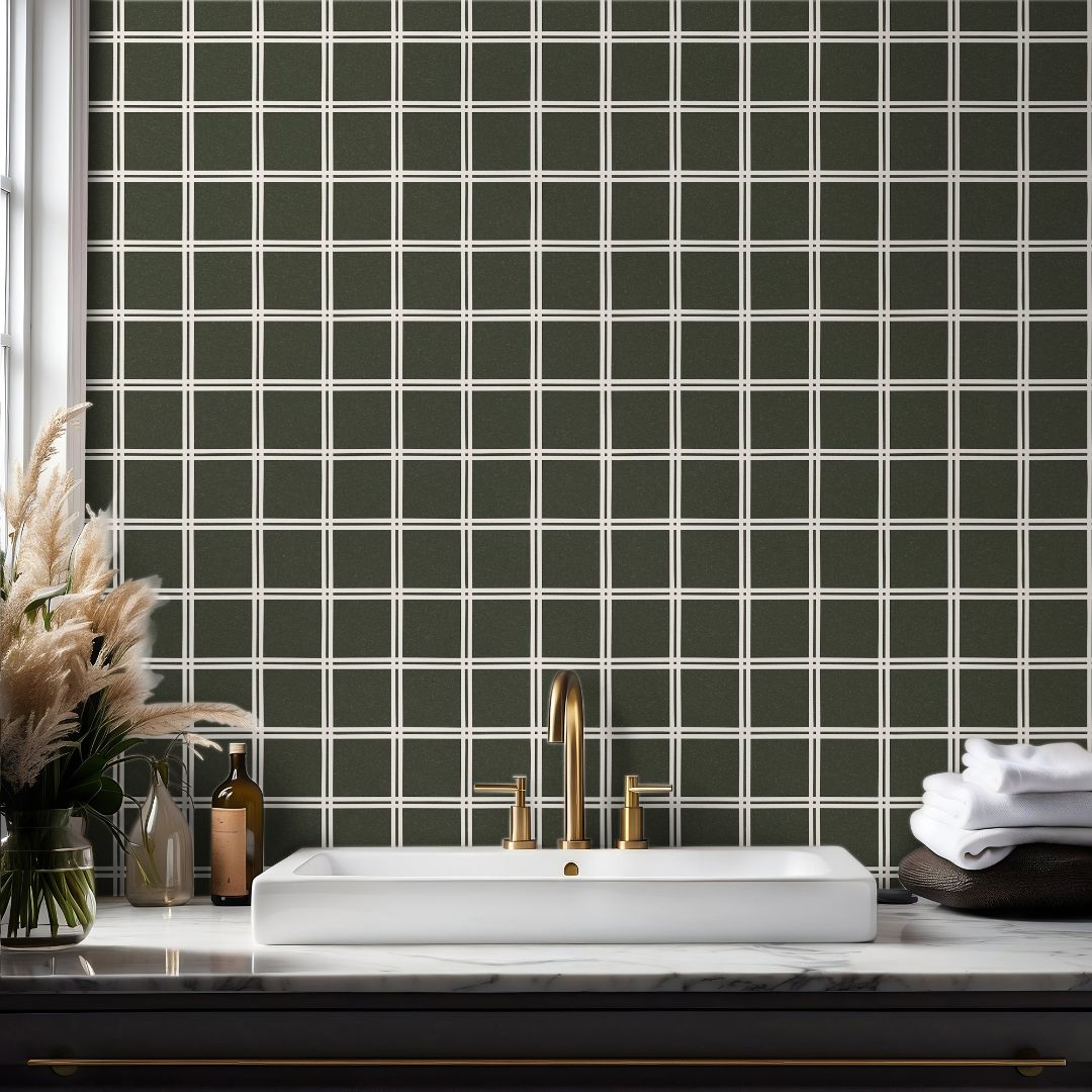Elmstead Grid green wallpaper with structured square grid pattern