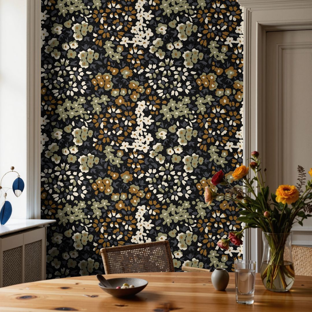 earthy green brown floral wallpaper with muted botanical calico pattern in a styled interior