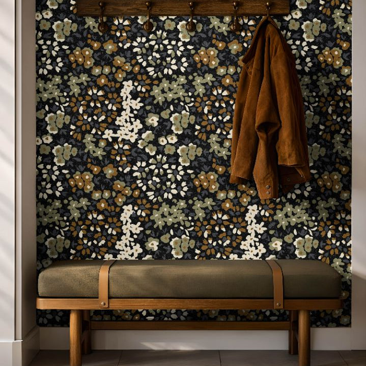 close up of earthy green brown floral wallpaper with calico inspired botanical pattern