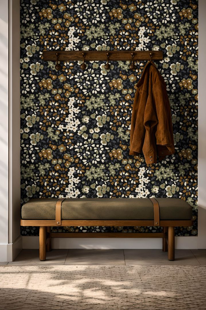 close up of earthy green brown floral wallpaper with calico inspired botanical pattern