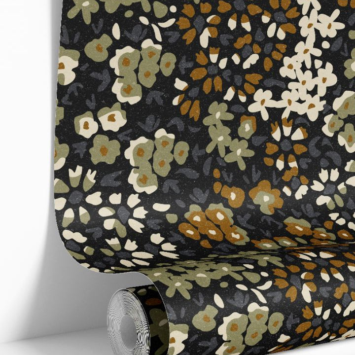 rolled floral wallpaper showing earthy green brown calico botanical design