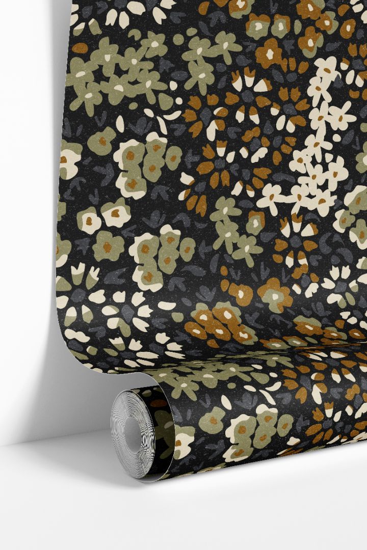 rolled floral wallpaper showing earthy green brown calico botanical design