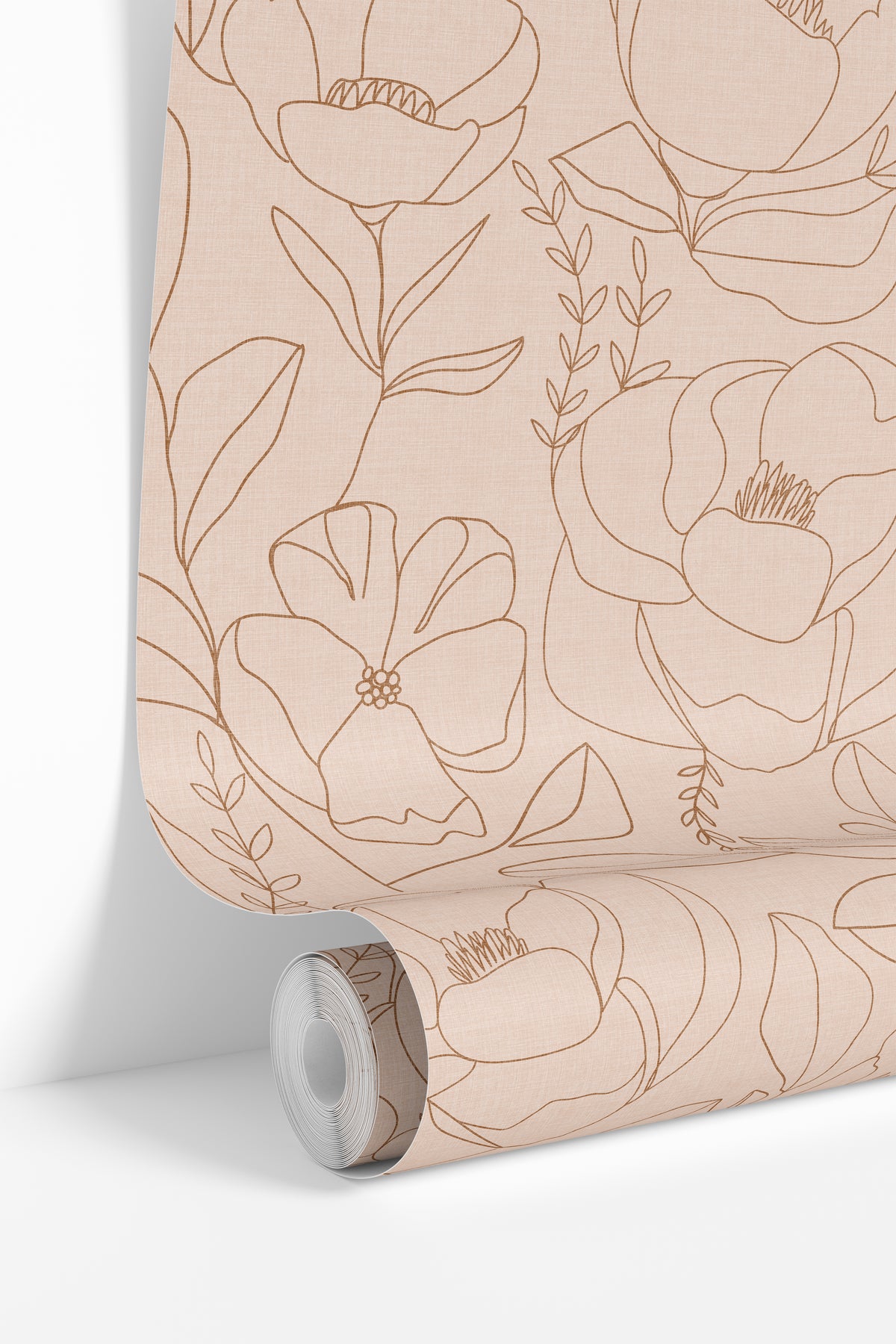 Open Bloom blush floral wallpaper with warm brown line art flowers and leaves on a soft textured neutral background