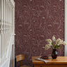Merlot red floral wallpaper Open Bloom pattern with elegant outlined botanical design