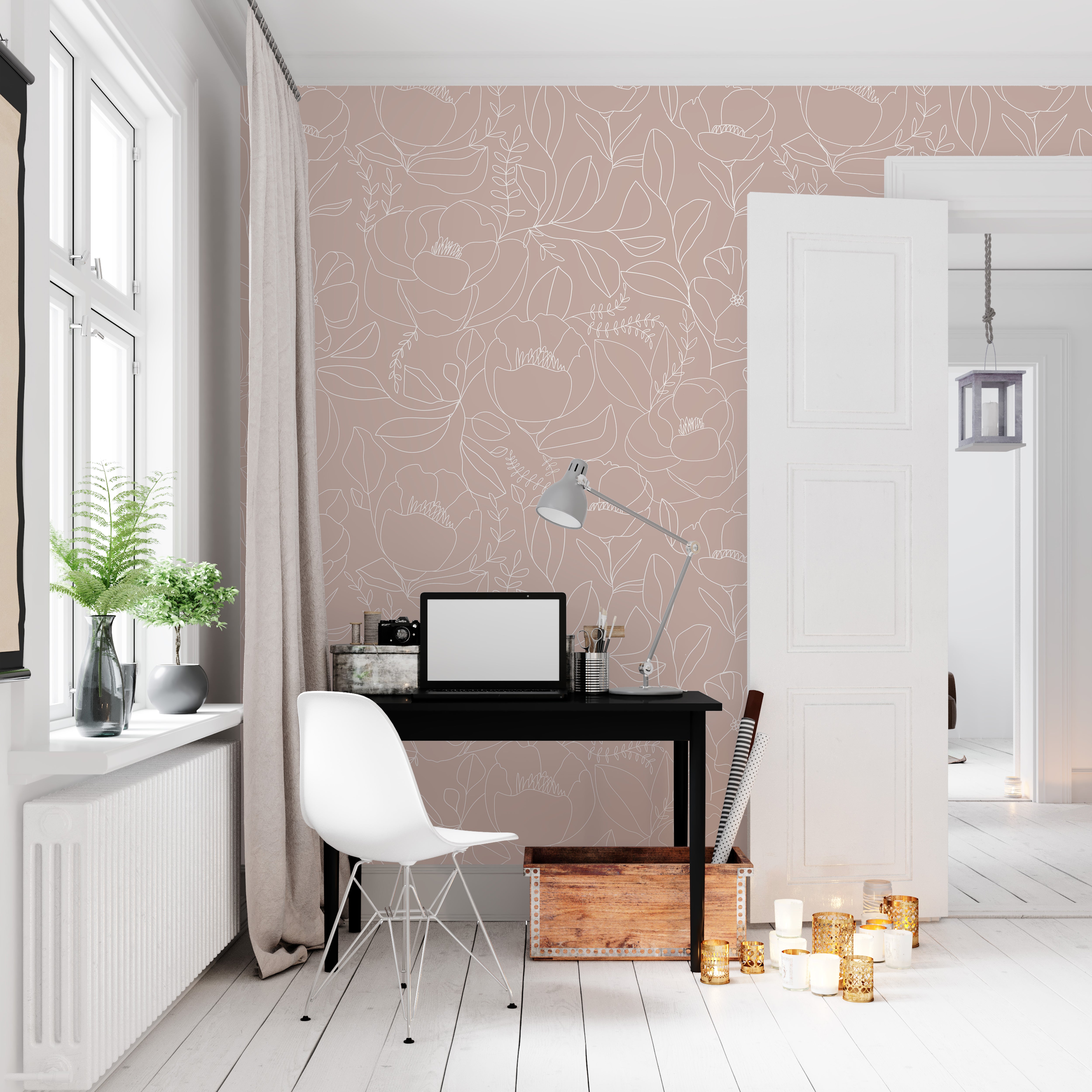 Open Bloom Tulle floral wallpaper in a bright home office with muted mauve pink coloring and delicate white line art flowers.