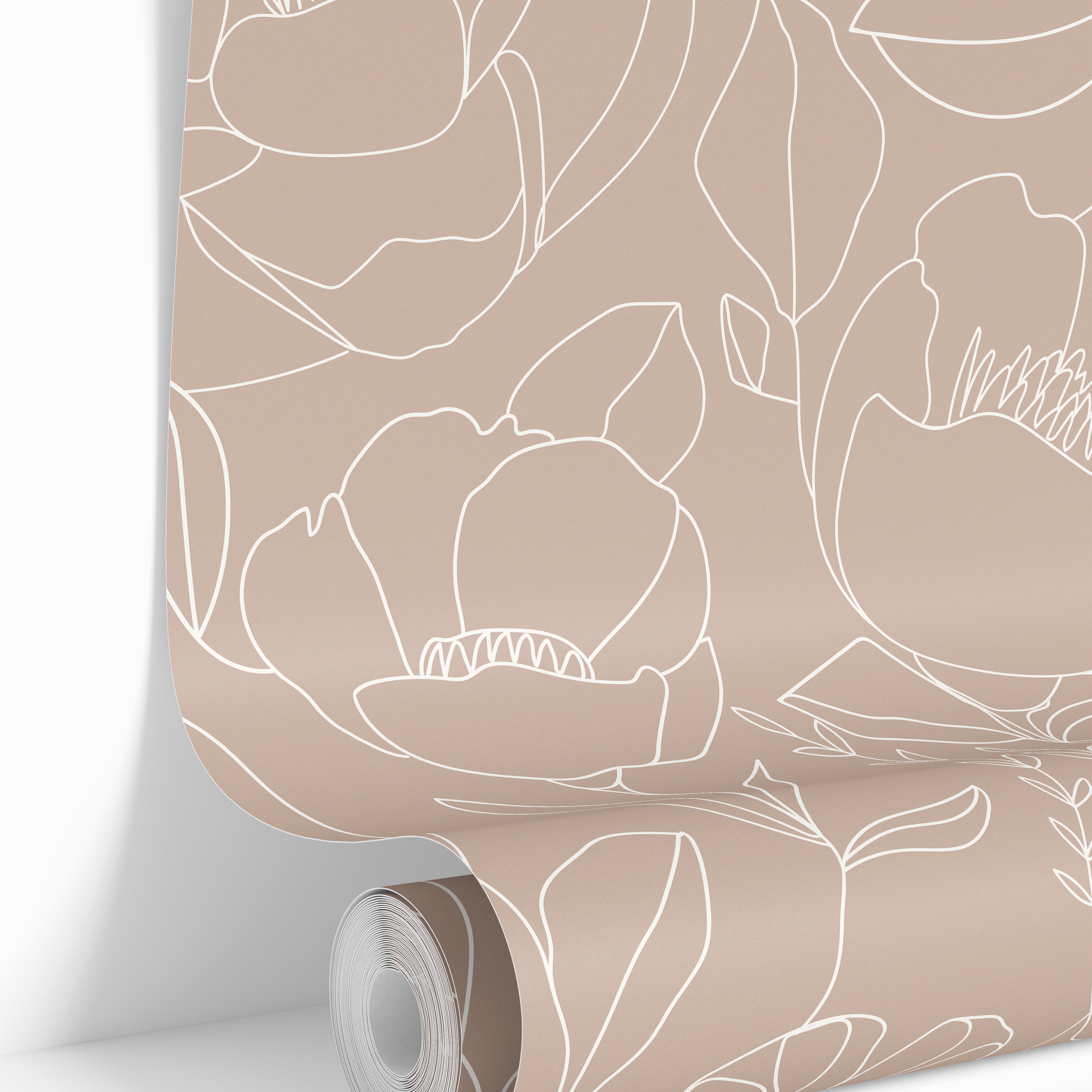 Wallpaper roll mockup of Open Bloom Tulle dusty mauve pink floral wallpaper by James & Colors.