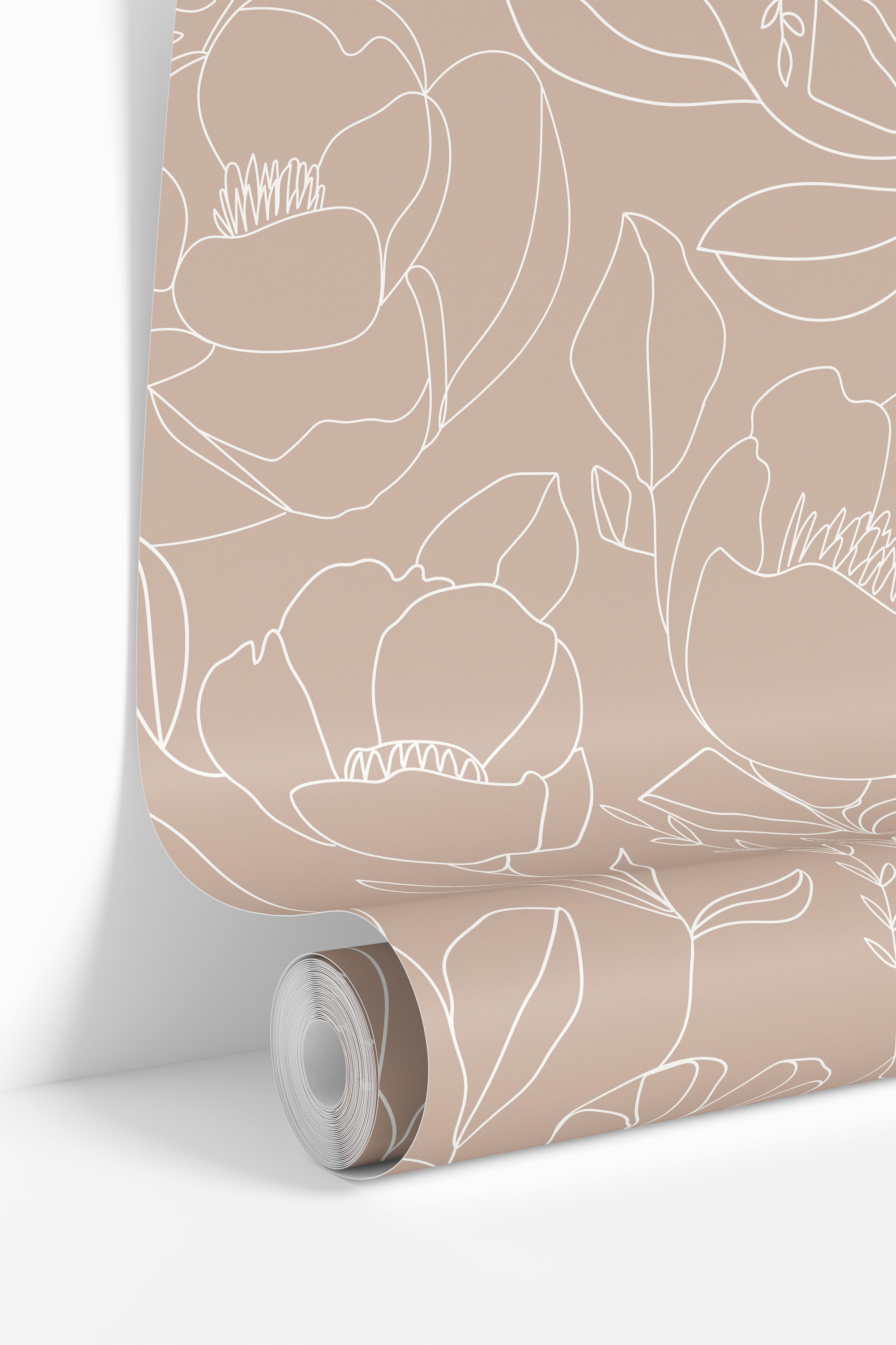 Wallpaper roll mockup of Open Bloom Tulle dusty mauve pink floral wallpaper by James & Colors.