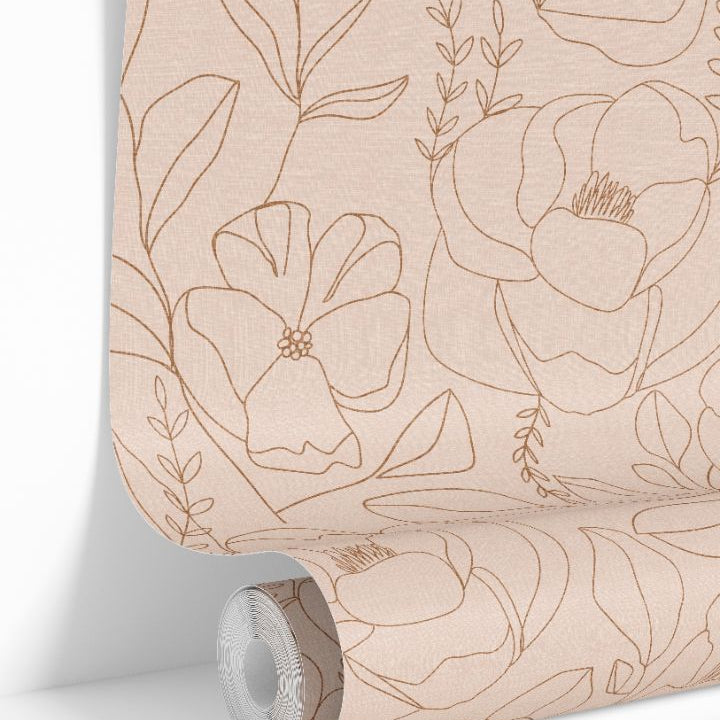 Open Bloom wallpaper roll showing clay floral linework on a warm beige background