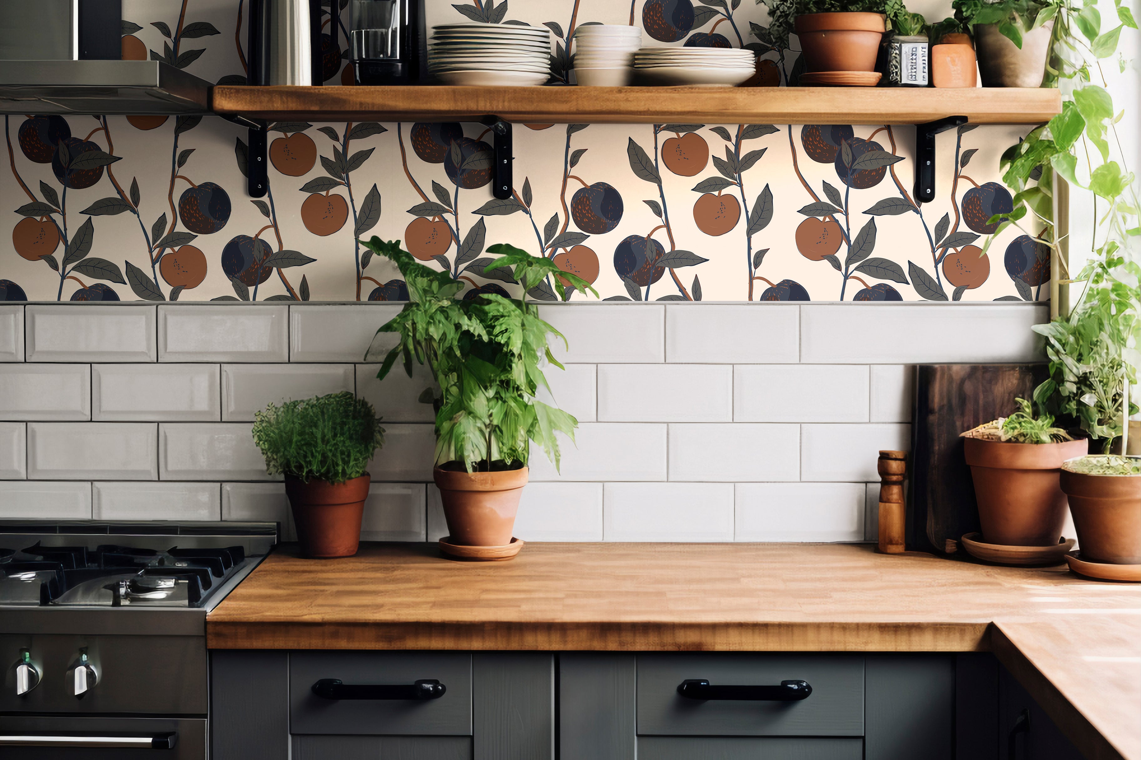 orchard fruit wallpaper behind wooden kitchen shelves with plants
