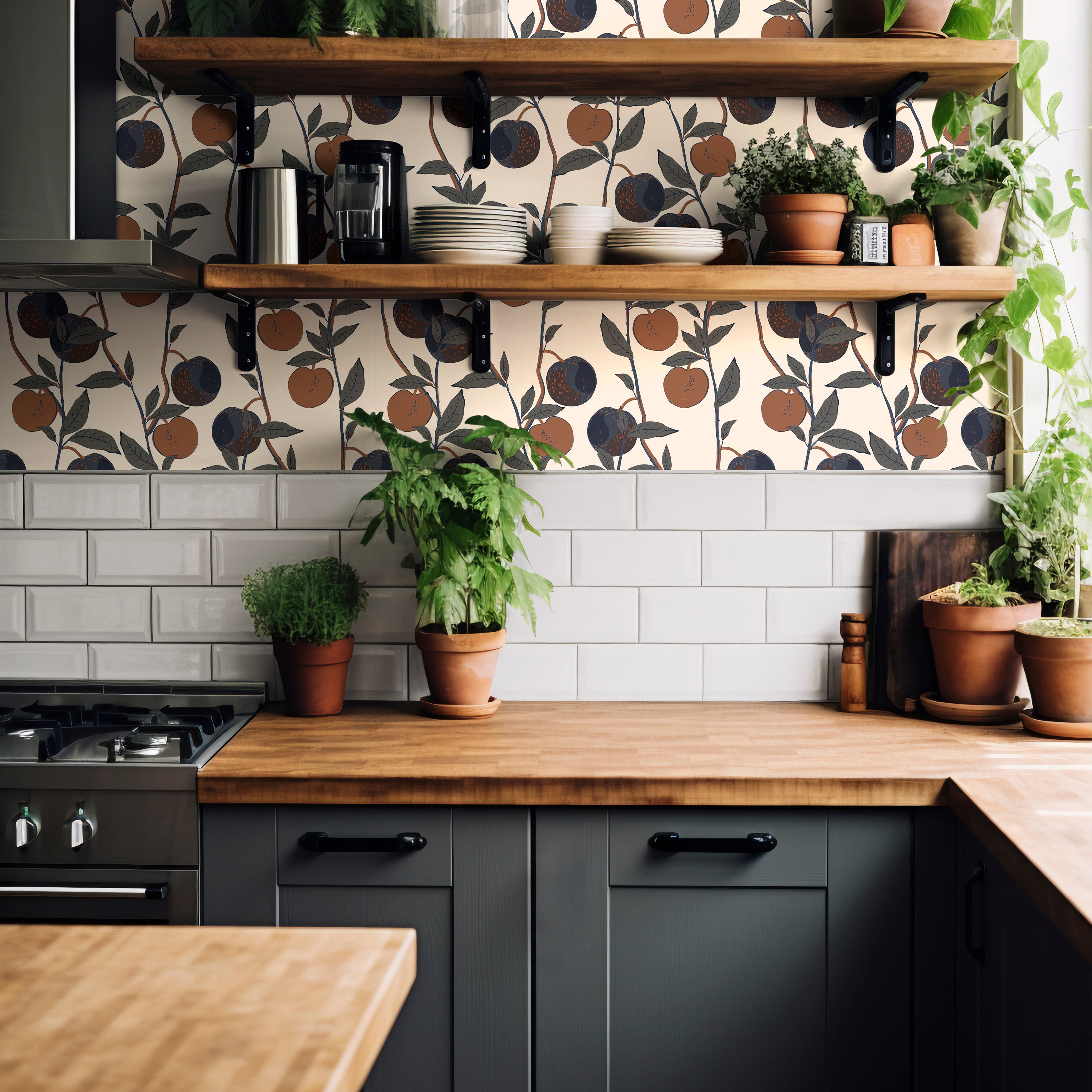 orchard fruit wallpaper behind wooden kitchen shelves with plants