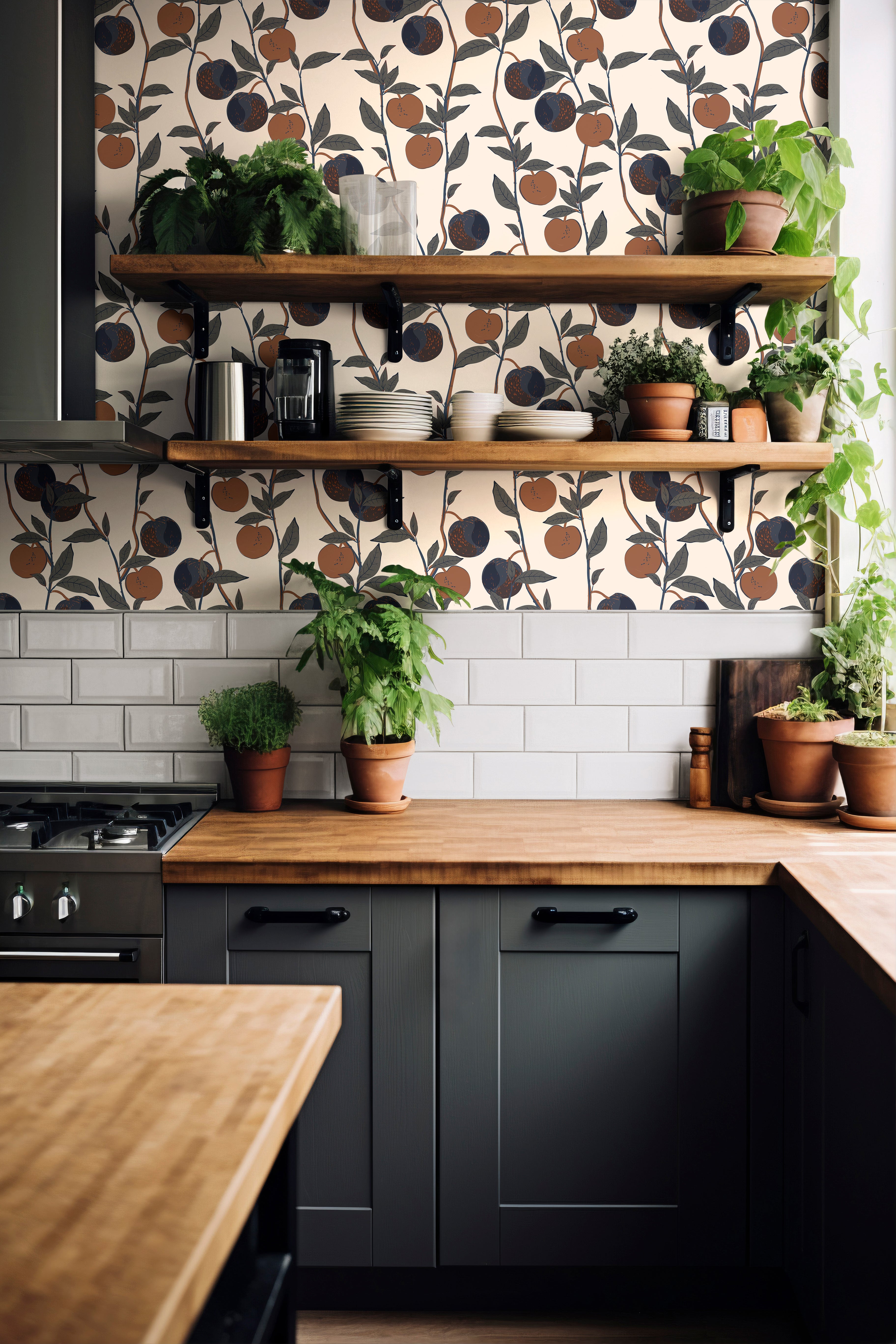 orchard fruit wallpaper behind wooden kitchen shelves with plants