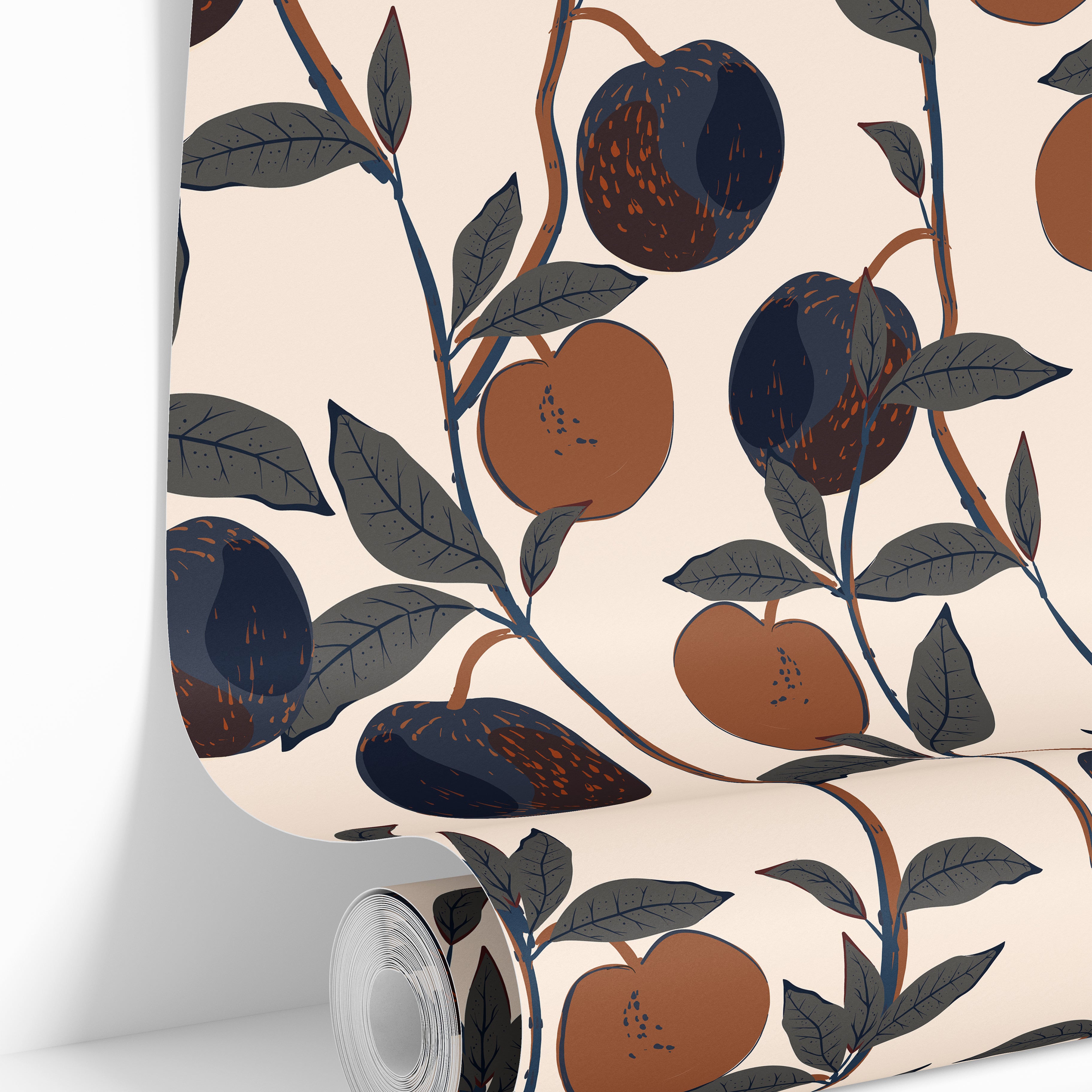 roll of orchard house wallpaper with fruit and botanical pattern