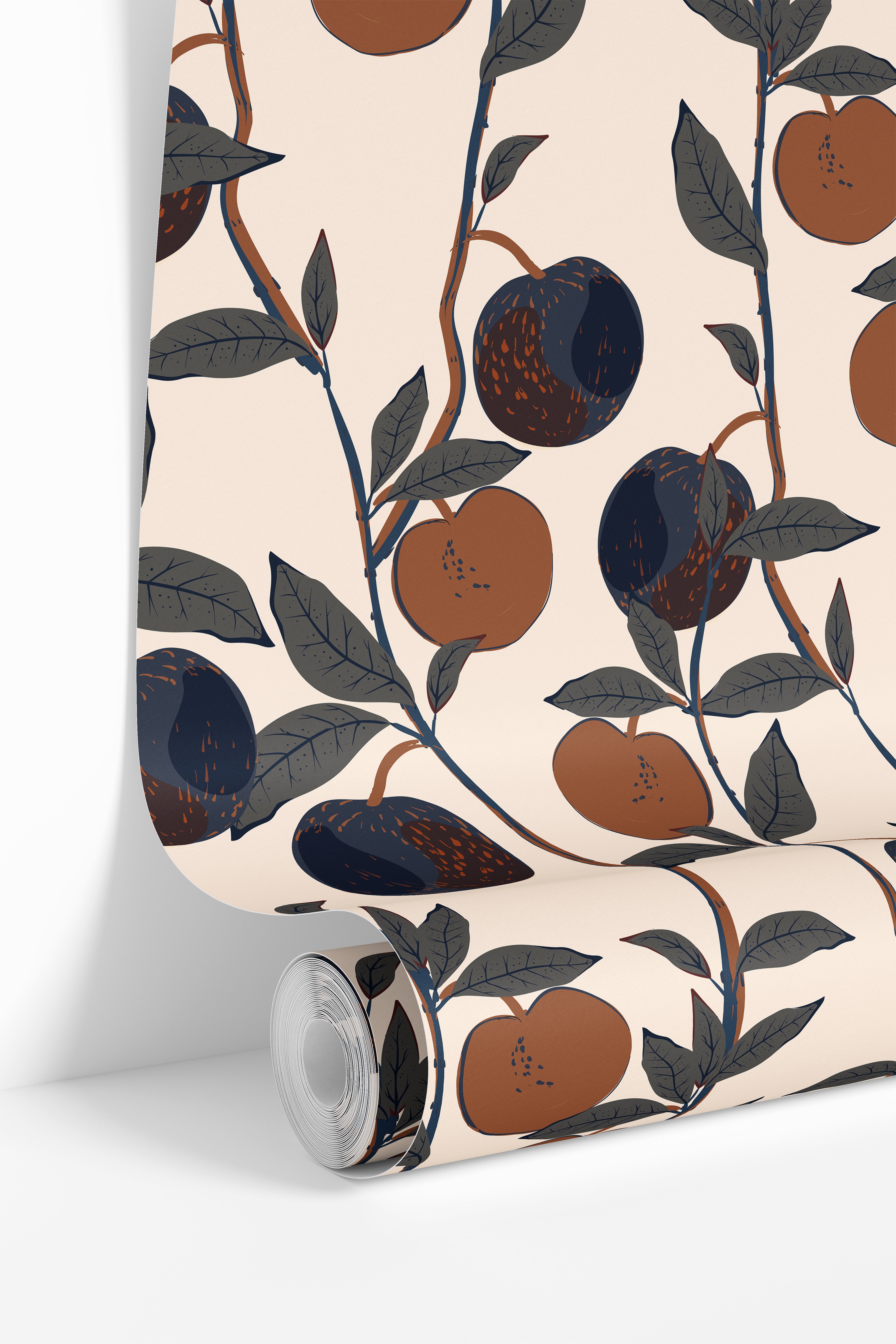 roll of orchard house wallpaper with fruit and botanical pattern
