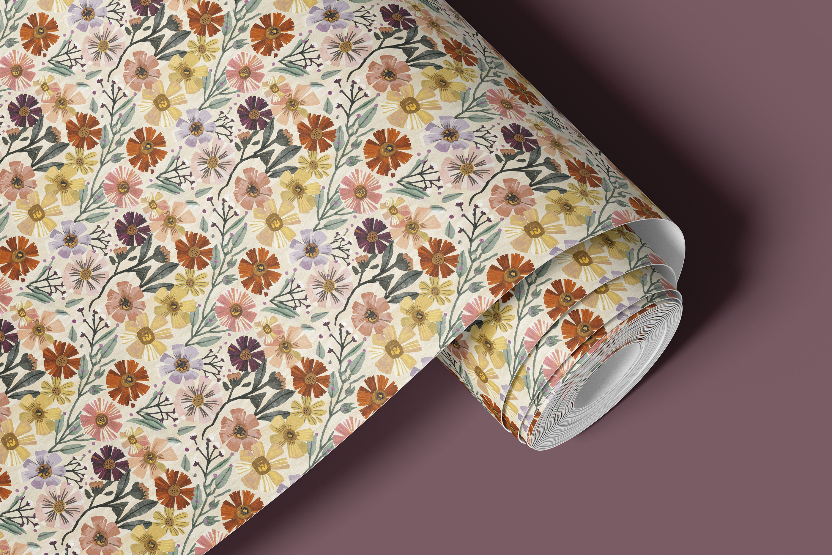 roll of painted bloomscape contact paper with multicolor flowers sage leaves and cream background on deep purple background