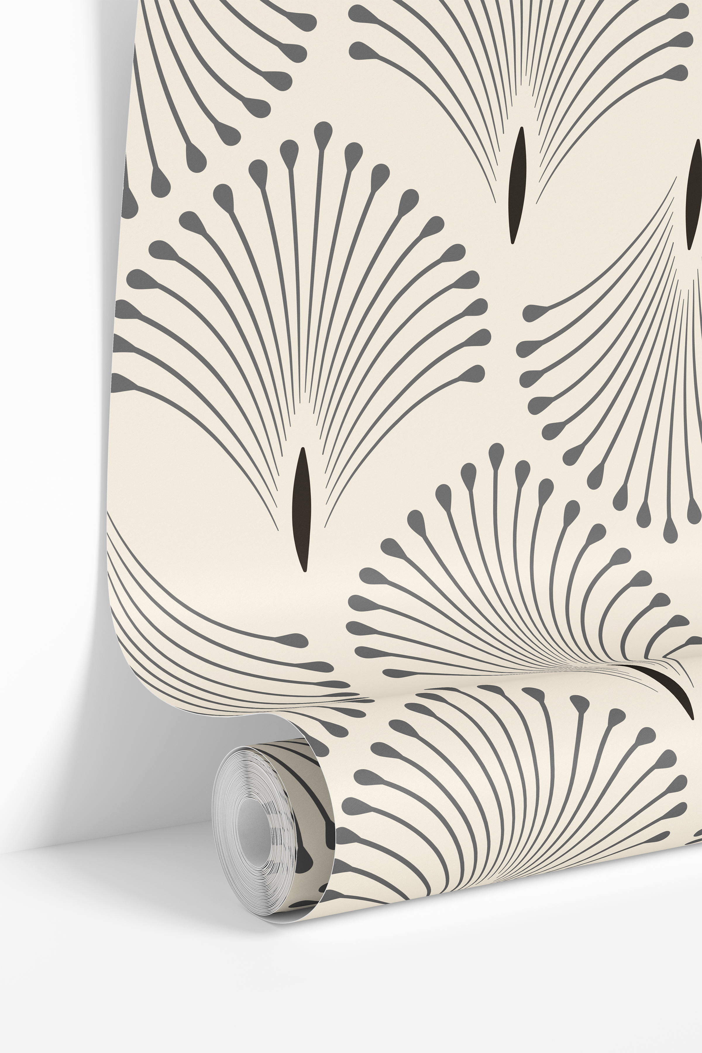 Wallpaper roll featuring Palm Trail Neutral Deco wallpaper with modern fan motifs and warm neutral geometric styling