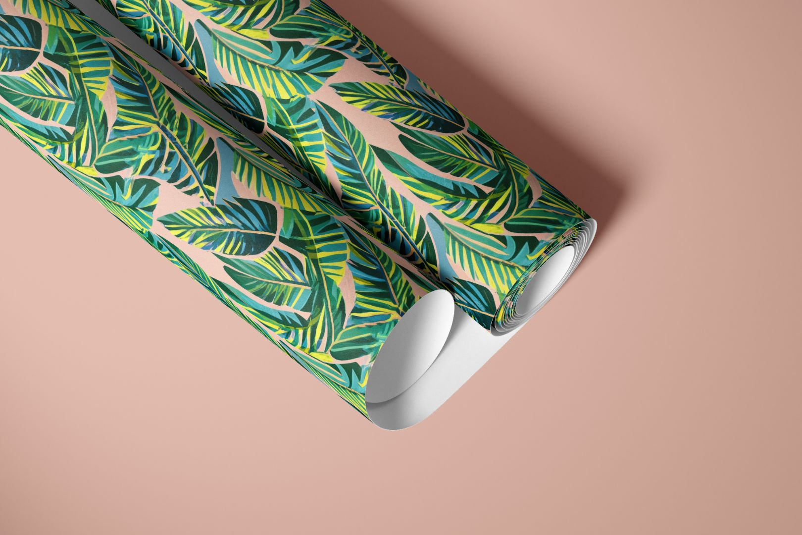 Green palm leaf contact paper on blush background