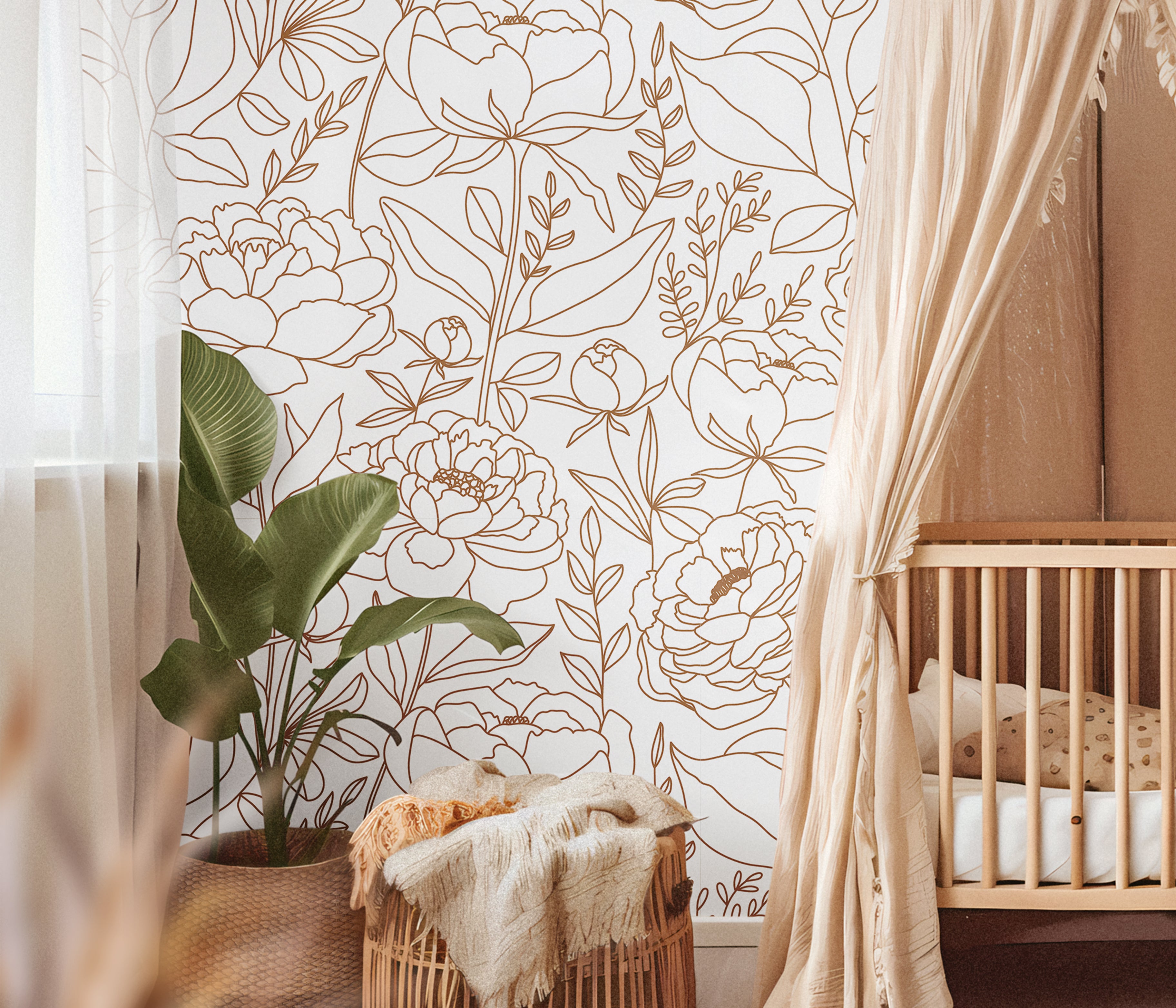paper garden wallpaper featuring oversized botanical line art flowers