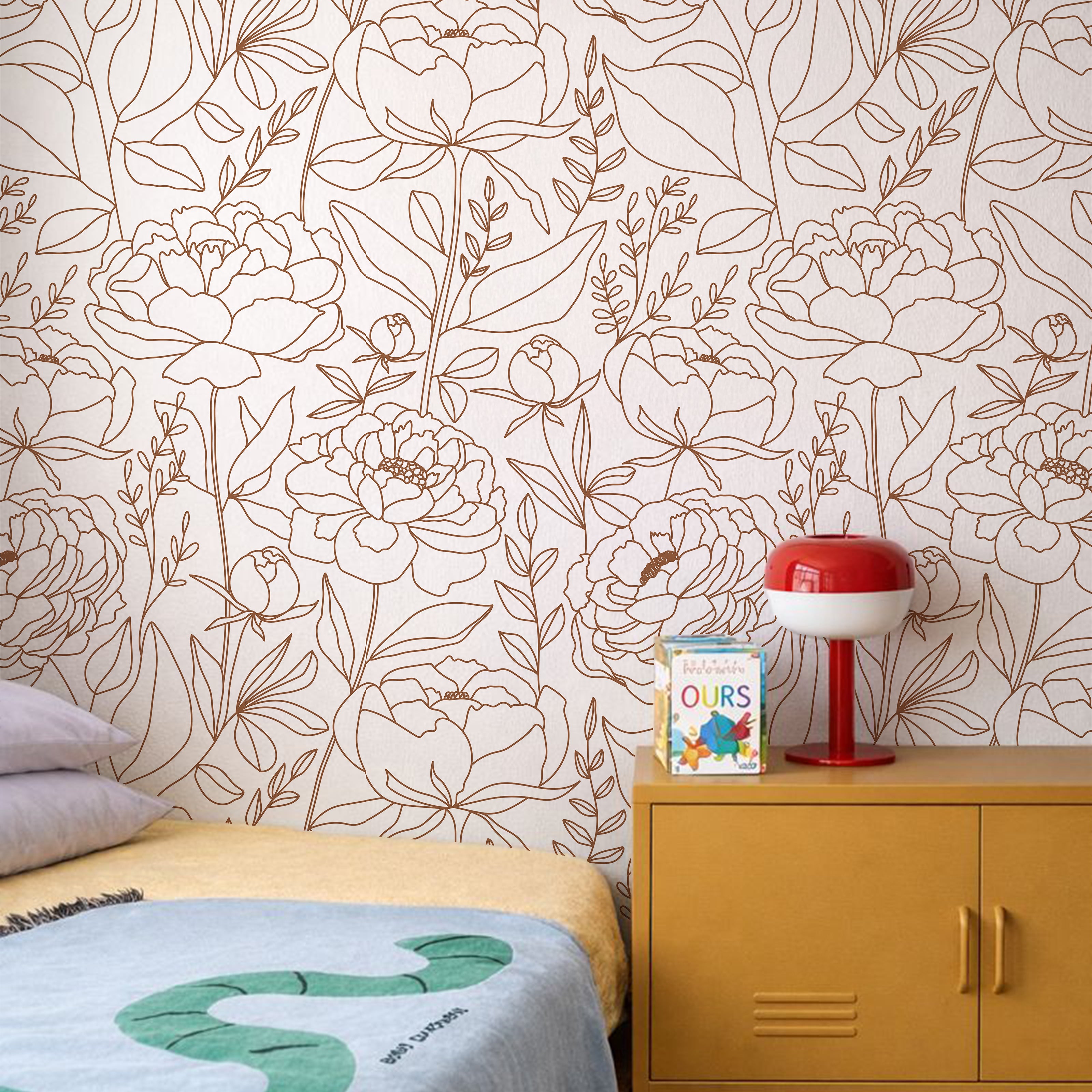 paper garden wallpaper in modern neutral nursery with natural wood furniture