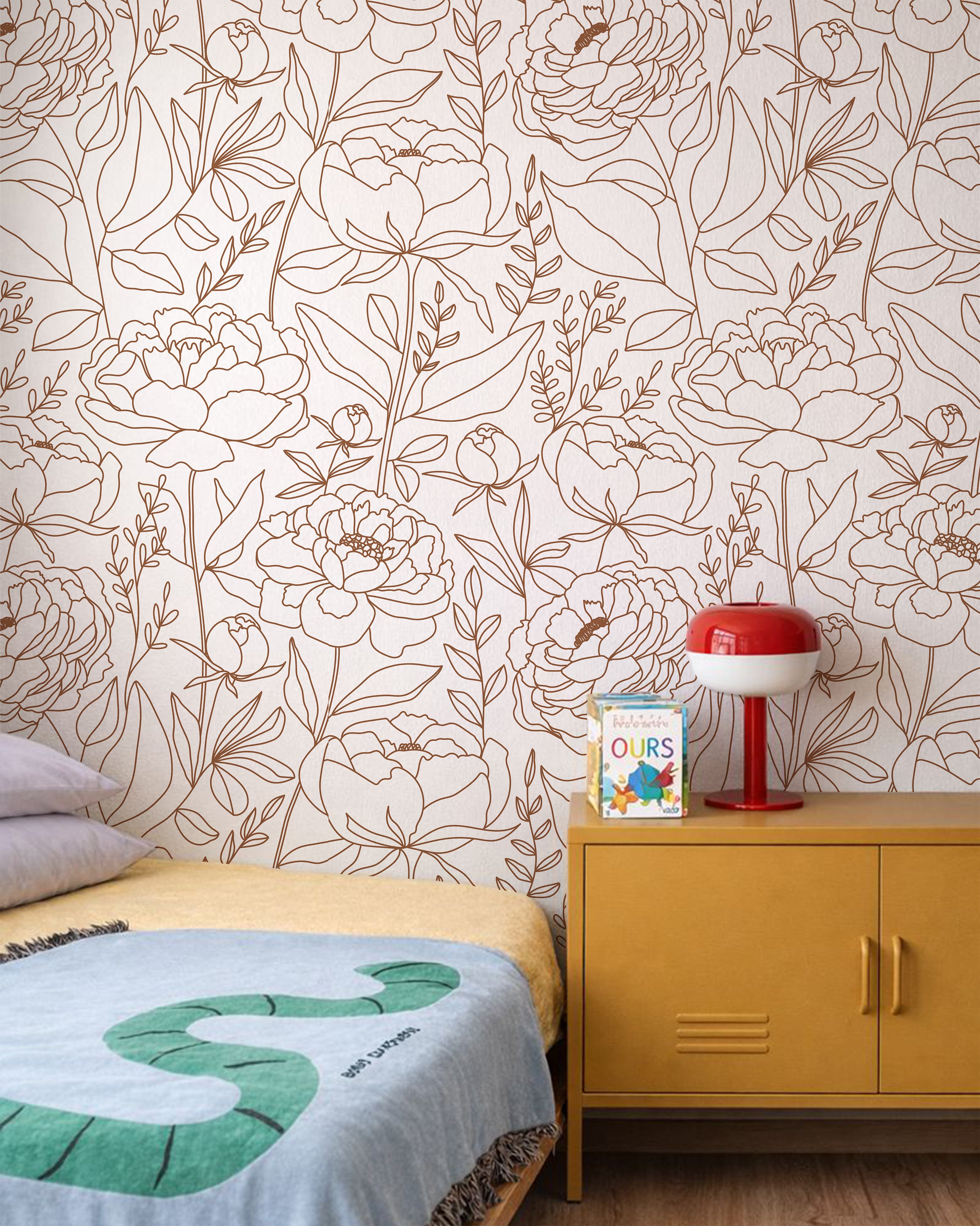 paper garden wallpaper in modern neutral nursery with natural wood furniture
