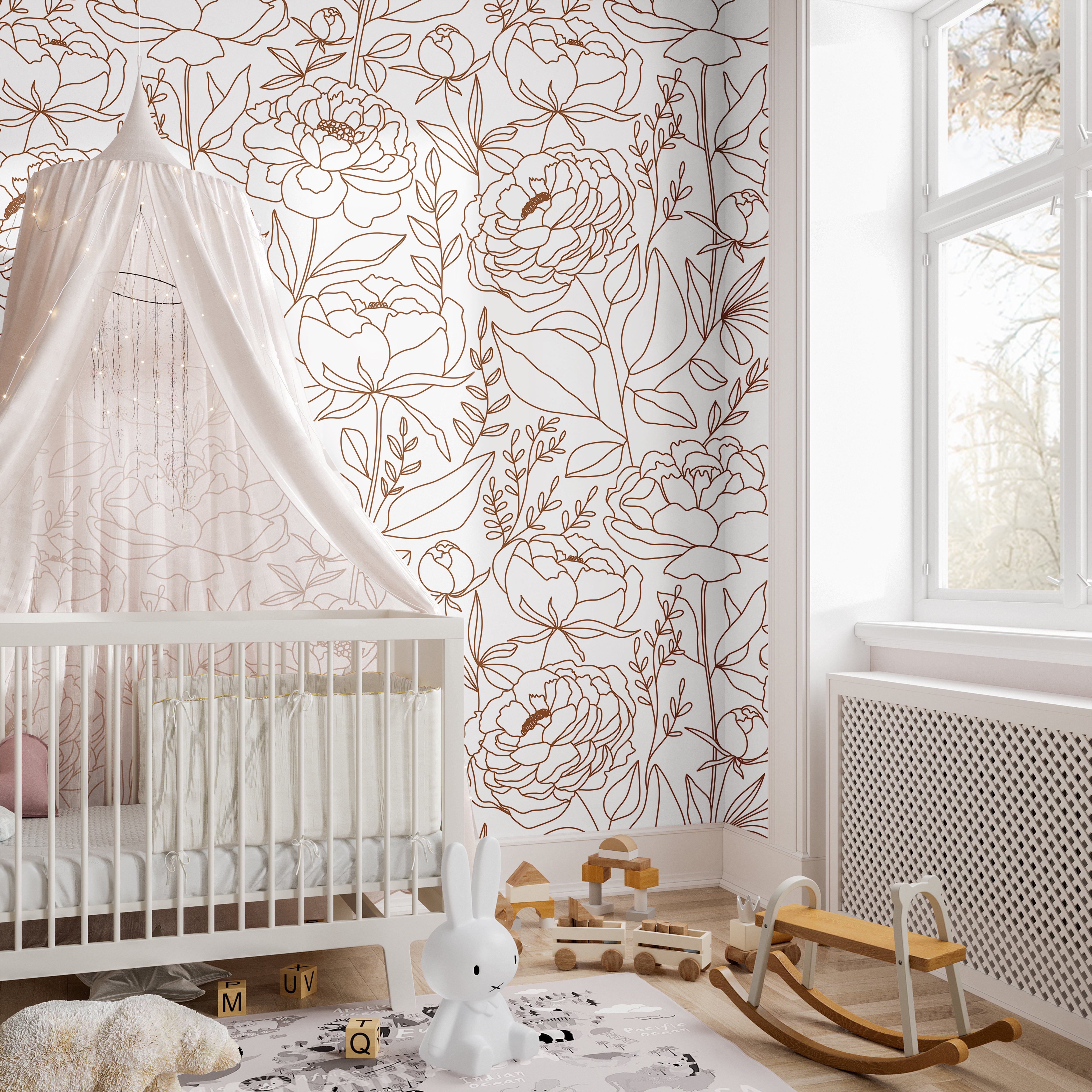 botanical line art wallpaper in organic modern bedroom