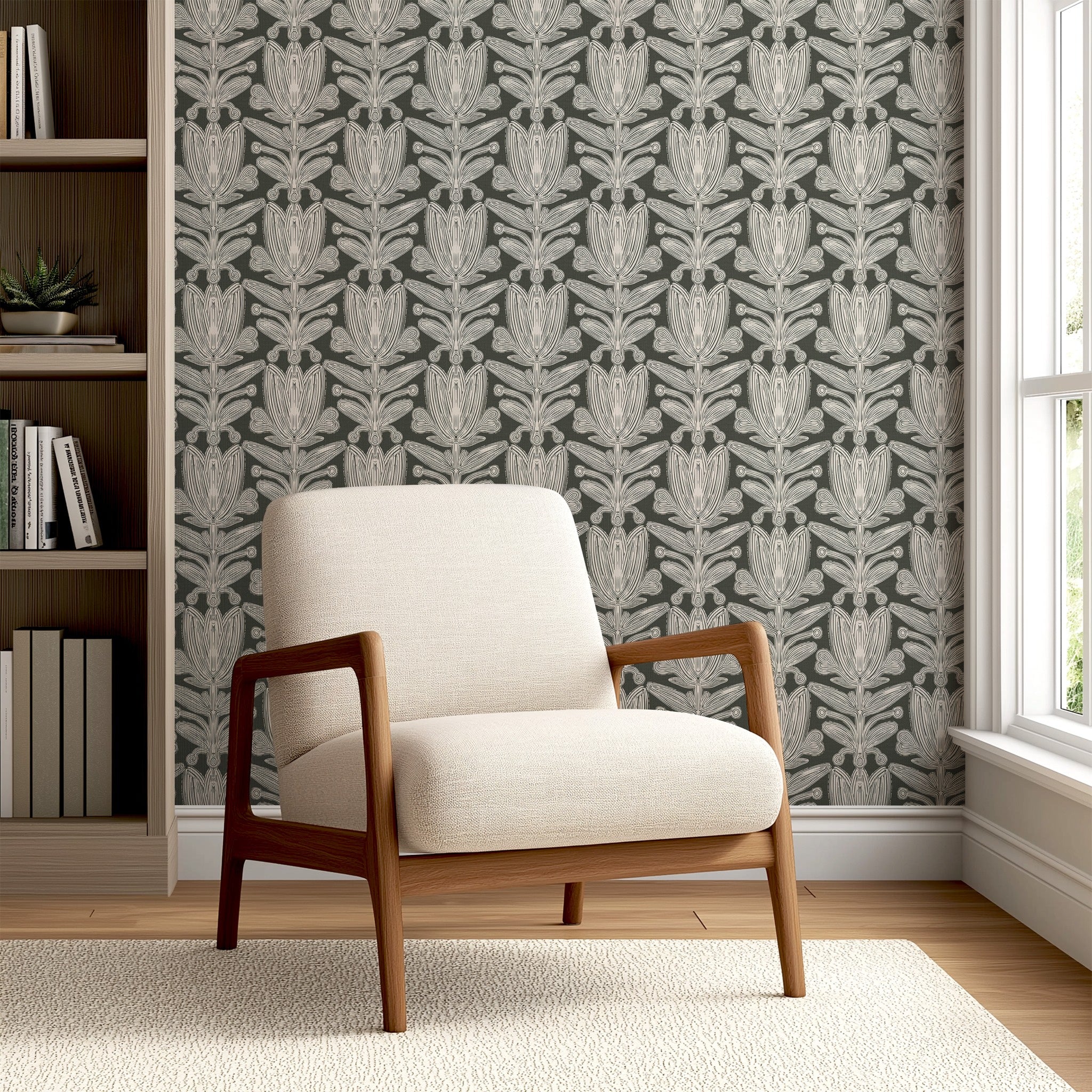 Parkland Florette structured floral wallpaper in sage green tones styled in a dining room with elegant neutral decor