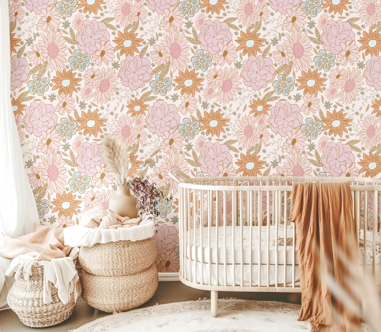 Peach Petal Field Wallpaper shown behind a baby crib, creating a cozy, floral nursery atmosphere with natural tones.