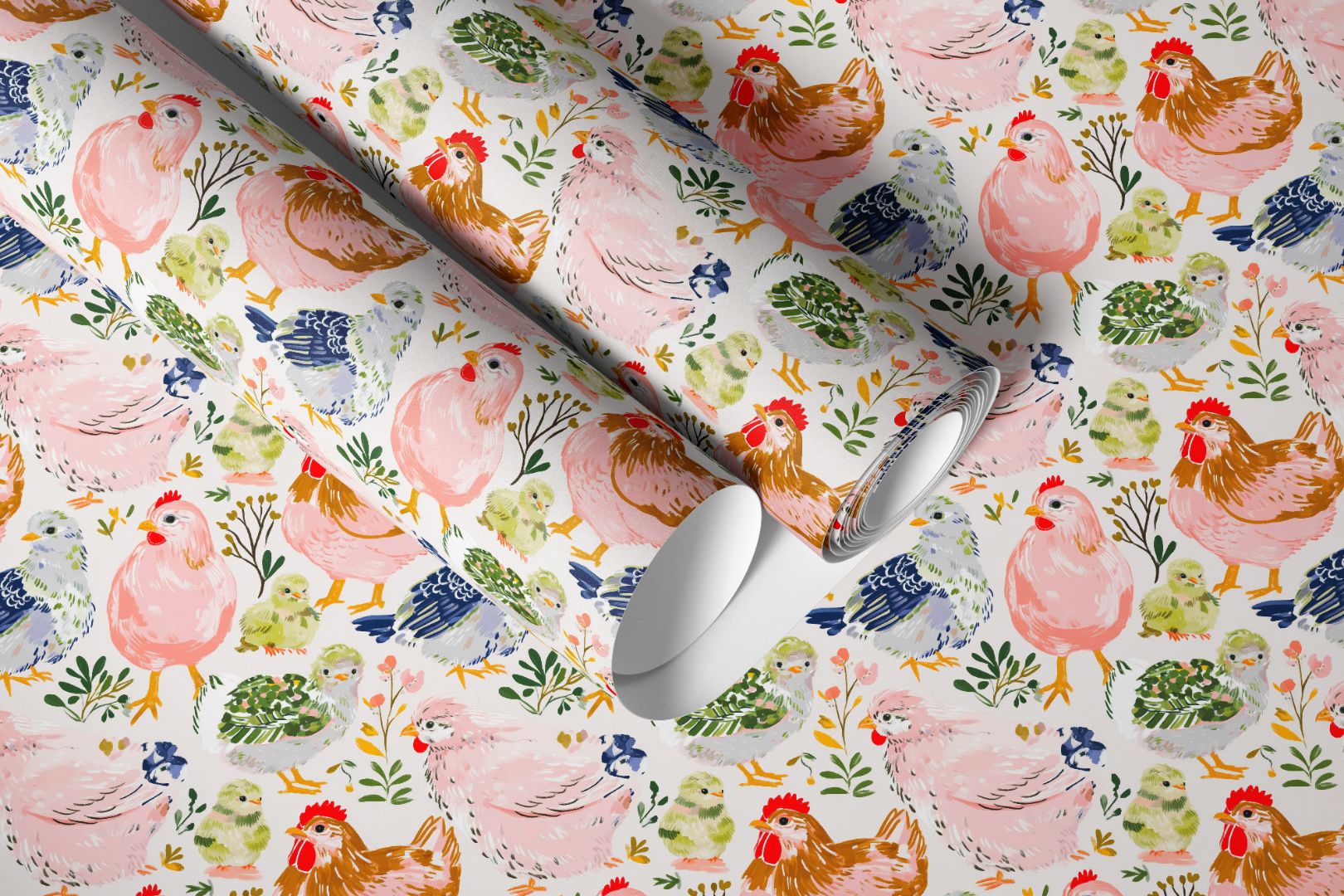 illustrated poultry contact paper roll with blush sage cream colors showcasing chickens chicks and leafy botanicals