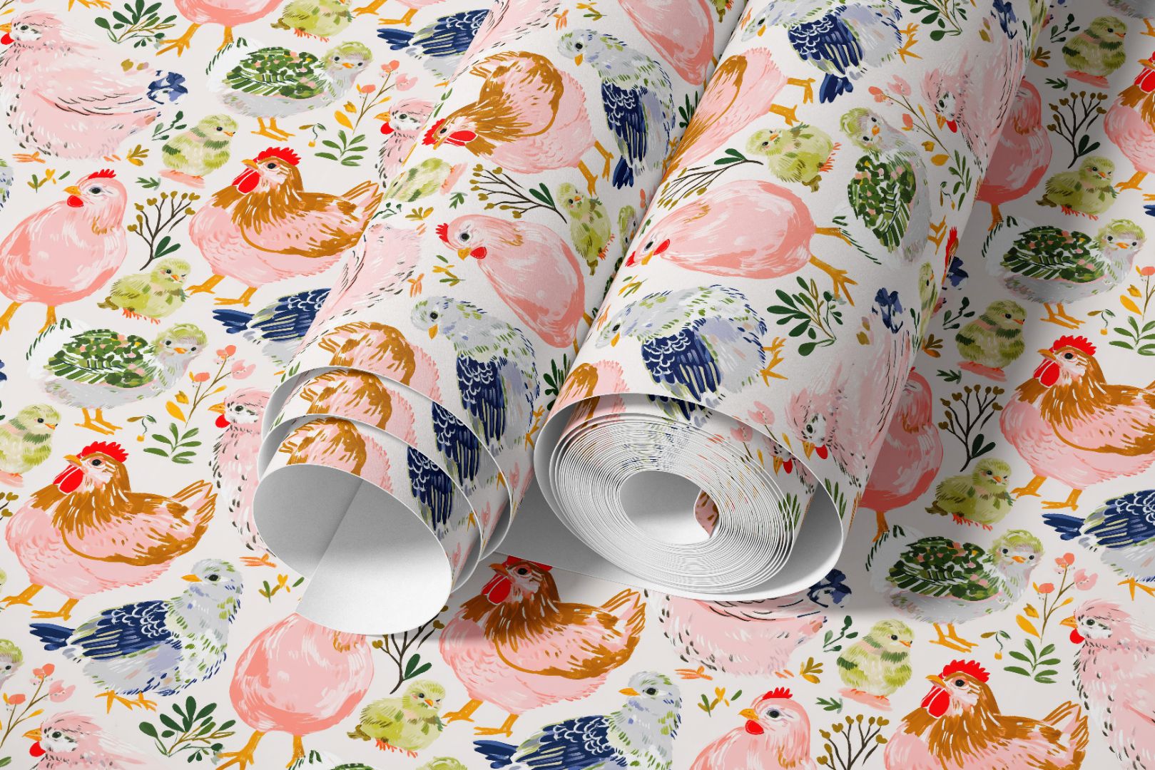 farmhouse chicken contact paper roll featuring hand painted hens chicks and botanical accents in soft pastel tones