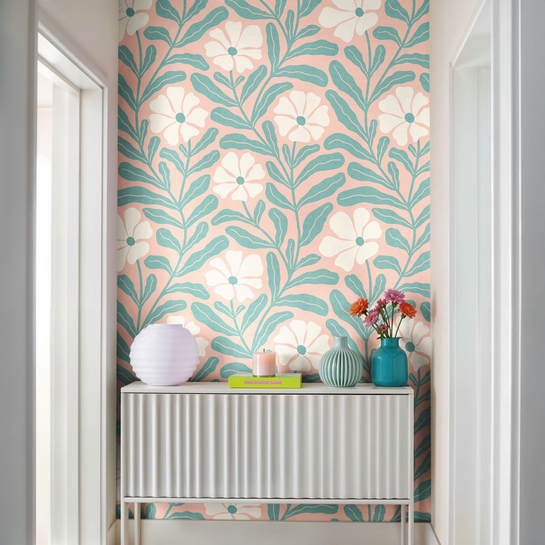 petal current floral wallpaper styled in a light and airy interior