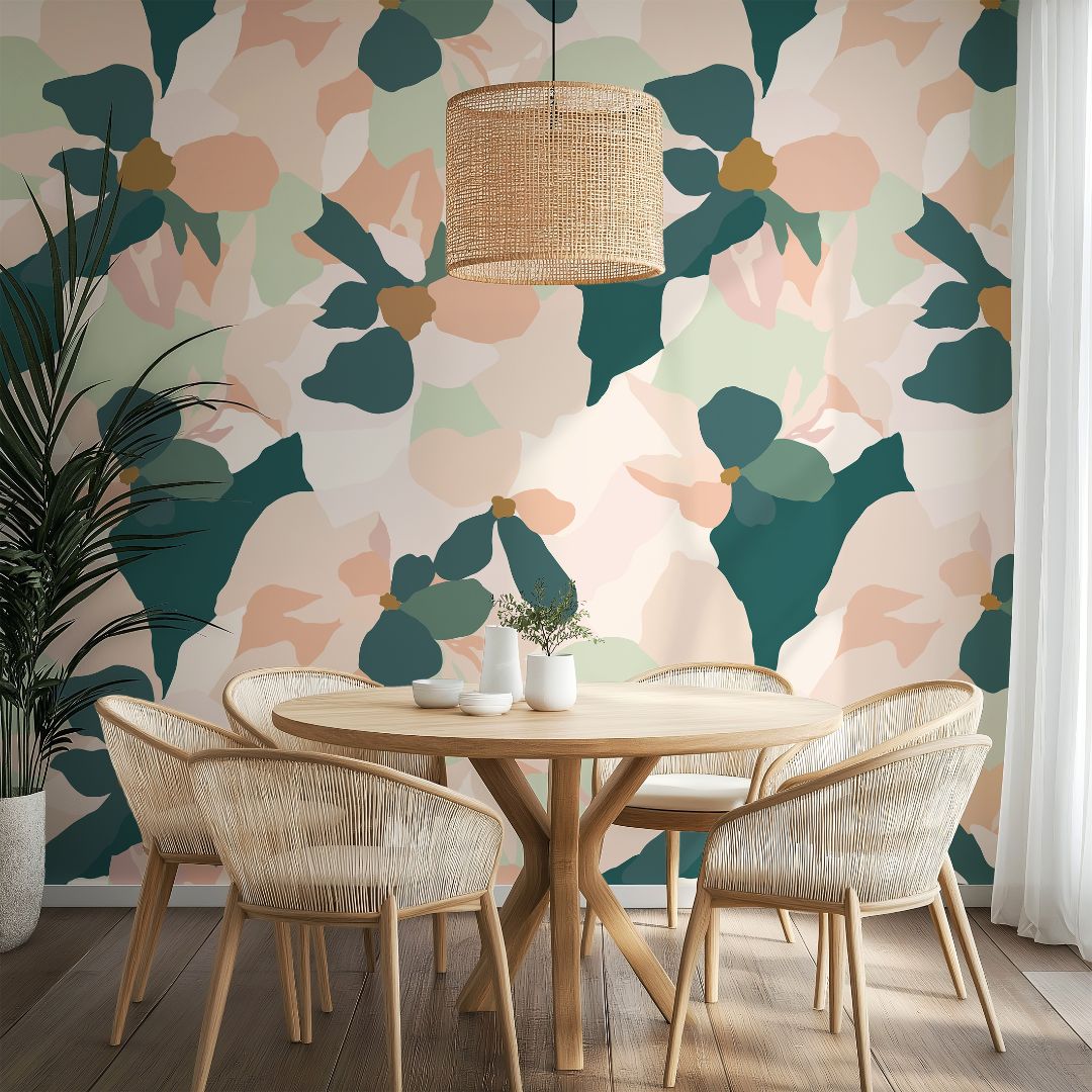 Living space featuring Petal Mirage Wallpaper with painterly petals in natural hues creating an elegant artistic atmosphere