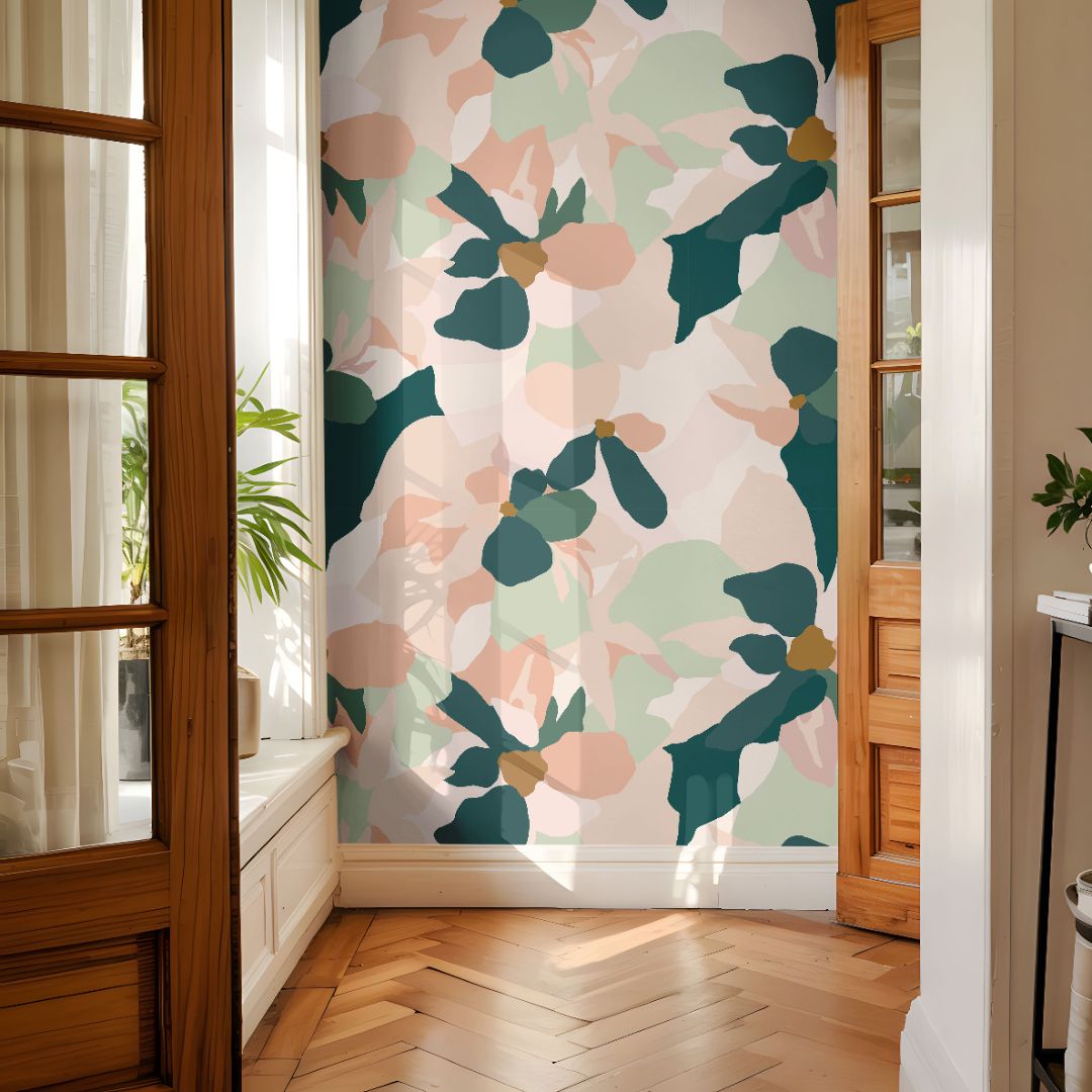 Entryway with Petal Mirage Wallpaper showing flowing floral shapes in blush and green tones for a serene modern look.