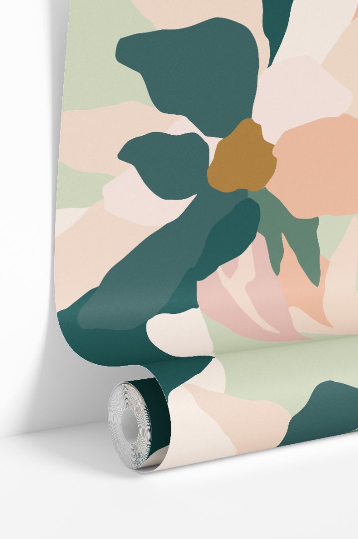 Petal Mirage Wallpaper roll featuring soft painterly petals in blush, green, and golden tones on a neutral background.