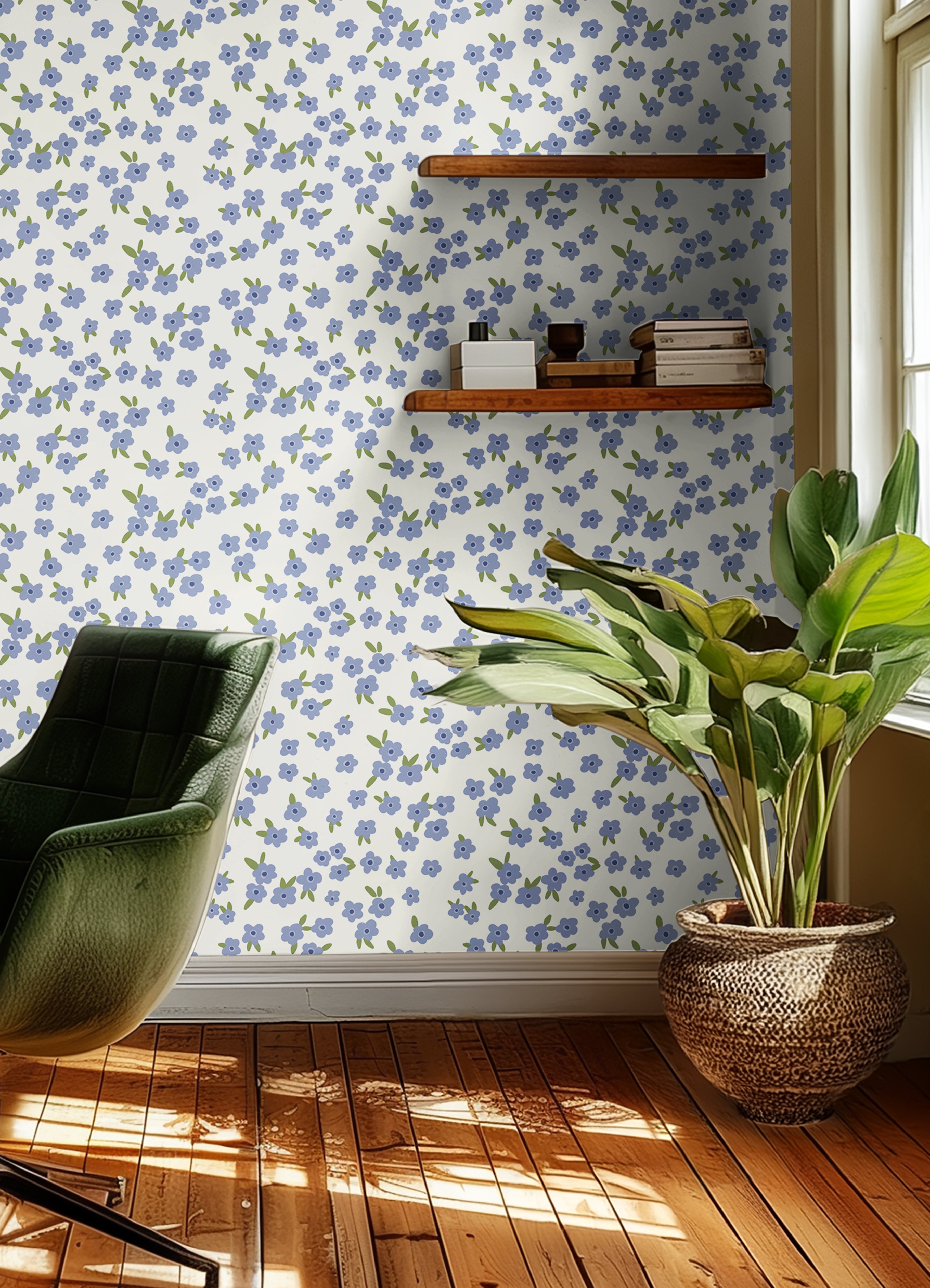 Blue floral wallpaper with scattered white and soft blue flowers on a light background in a cozy office setting