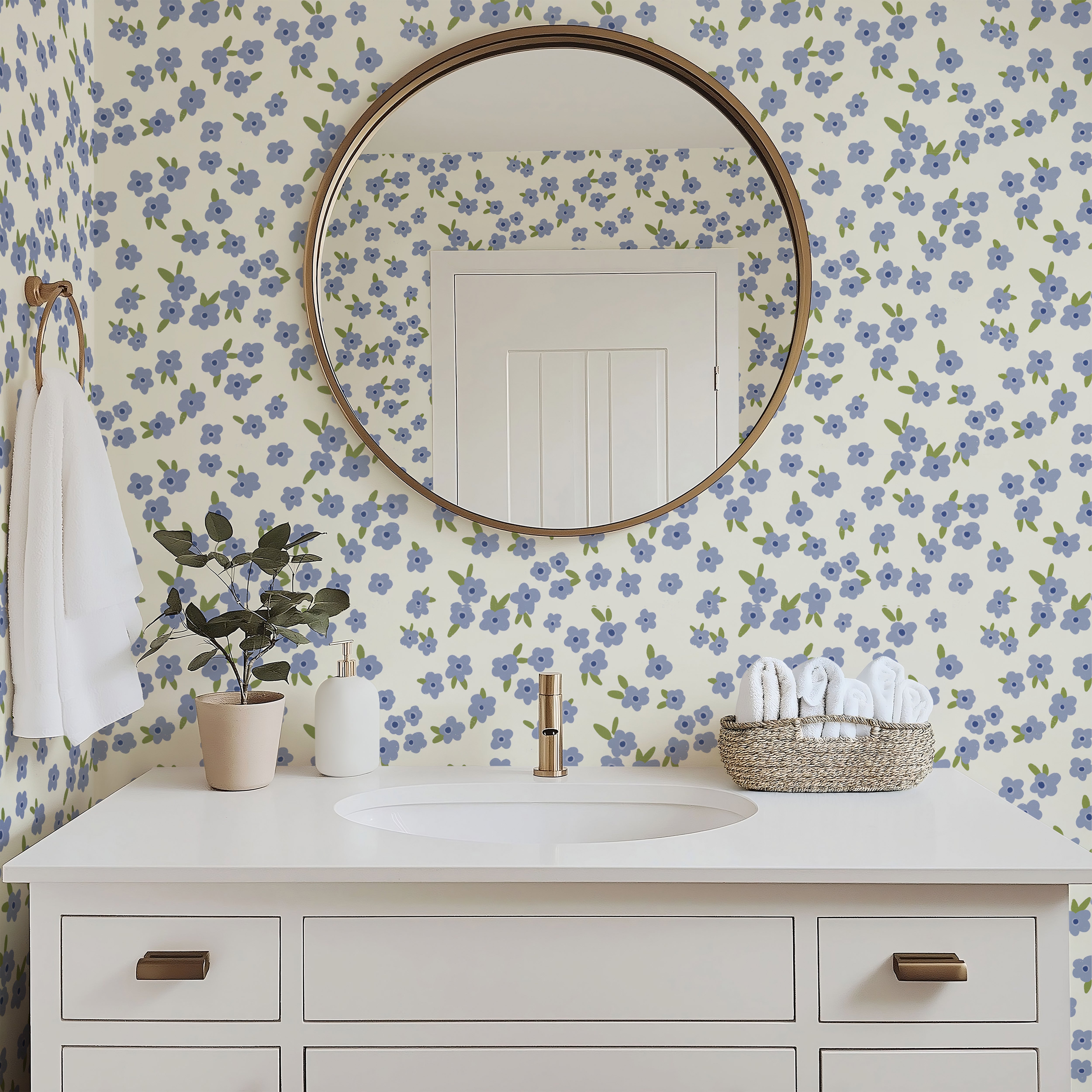 Vintage-inspired floral wallpaper with delicate blue scattered flowers and an airy cottage-style pattern.