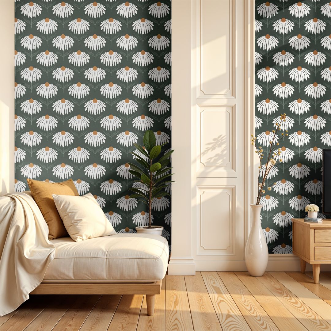 Deep green daisy wallpaper paired with wood furniture and neutral decor