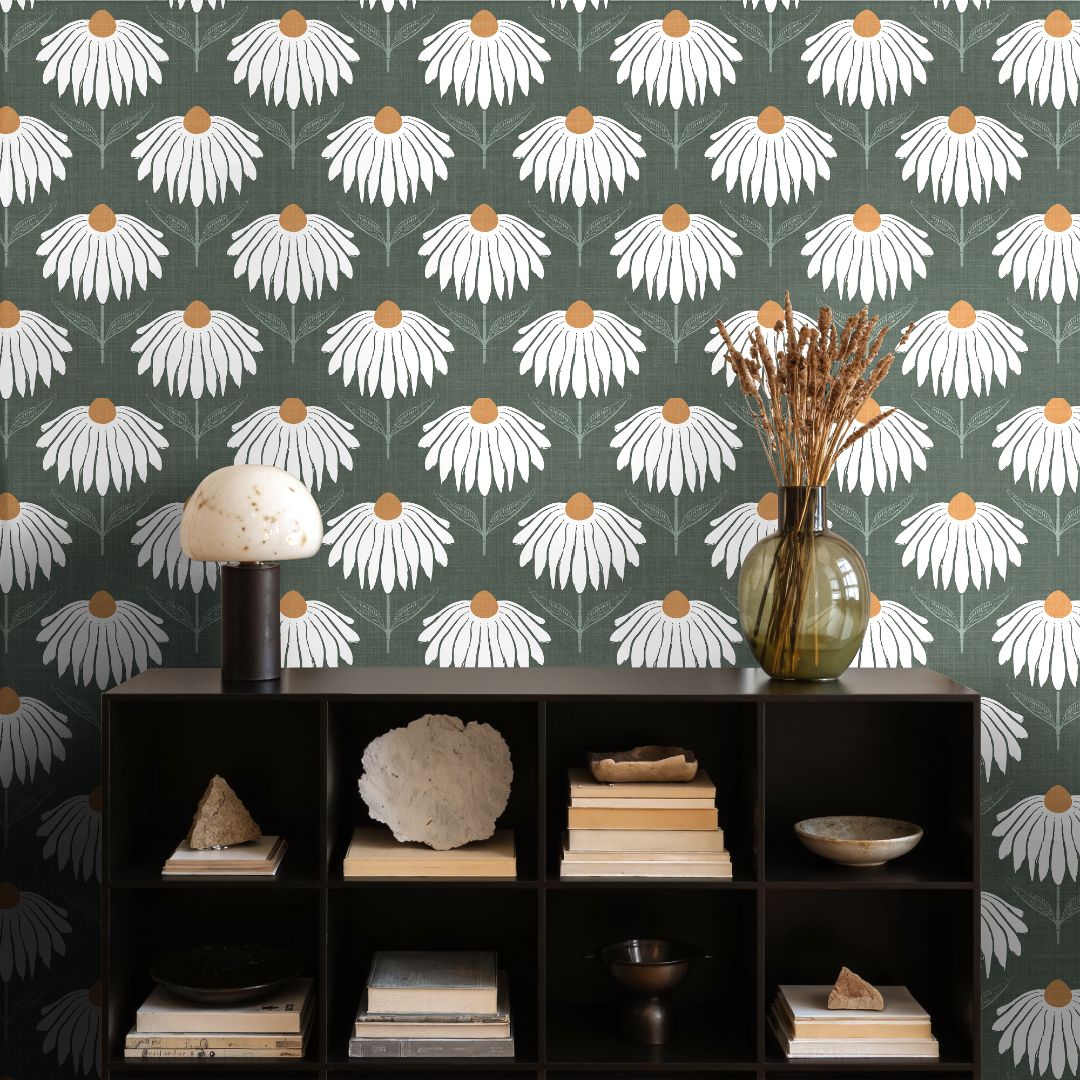 Living room featuring deep green wallpaper with large white daisy blooms and warm ochre centers