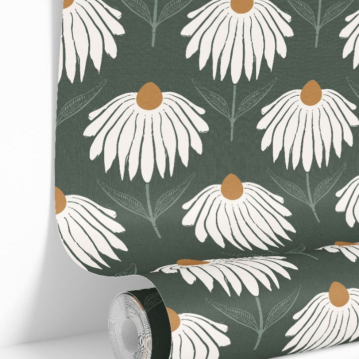Wallpaper roll showing large white daisy blooms on a deep green background