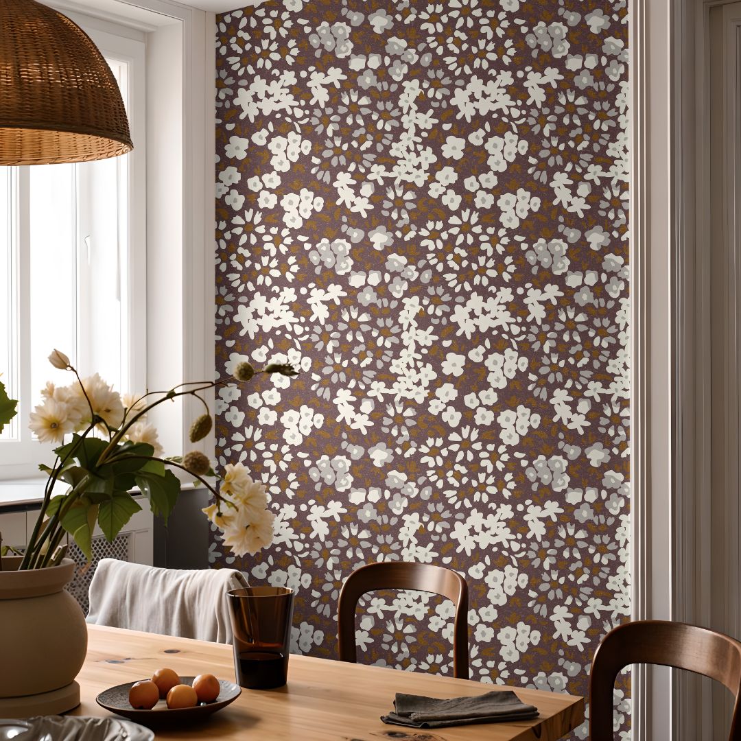 Room image: earthy mauve floral wallpaper with muted botanical calico pattern in a styled interior