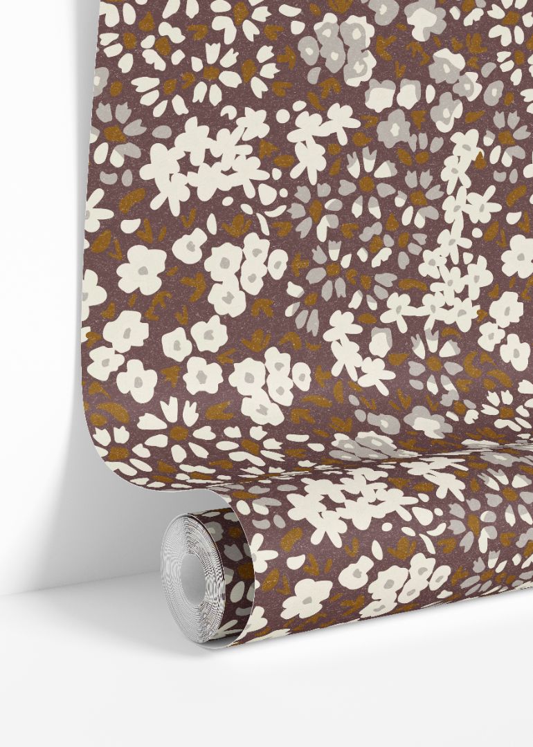 Roll image: rolled floral wallpaper showing earthy mauve calico botanical design