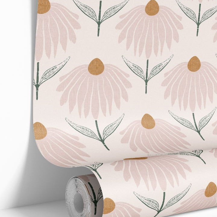 Petalline Blush Wallpaper – 2241 with blush coneflower-style florals, warm golden centers, and muted green stems on a linen-textured background