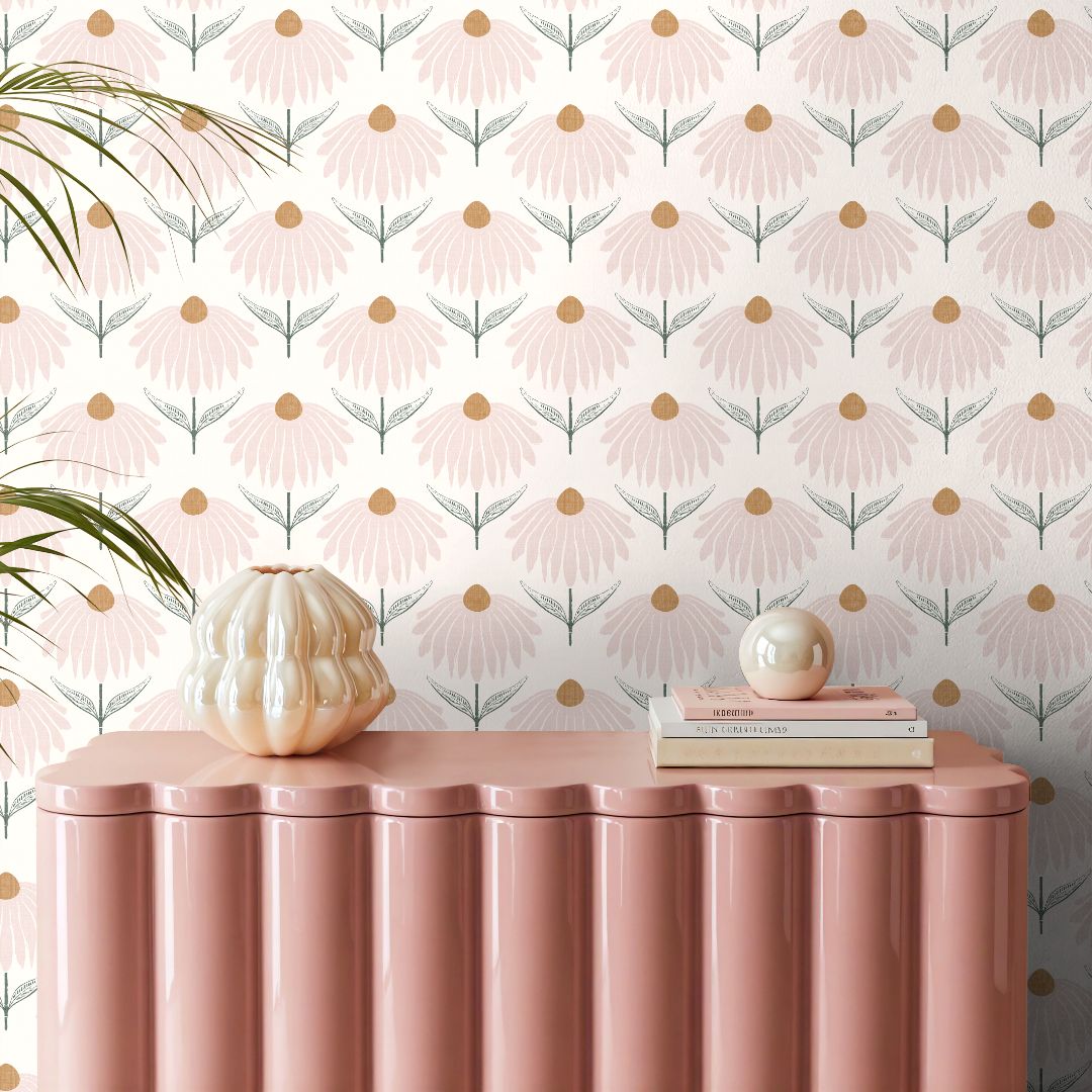 Petalline Blush Wallpaper – 2241 showing a repeating blush floral pattern with golden centers and sage green stems