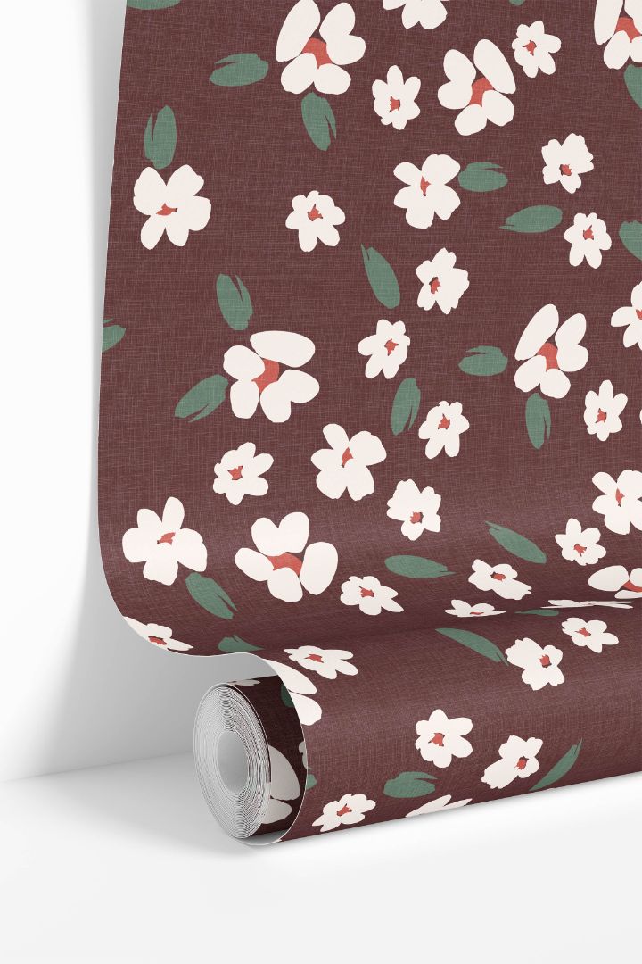 Wallpaper roll of Petals in Merlot floral design with scattered ivory flowers