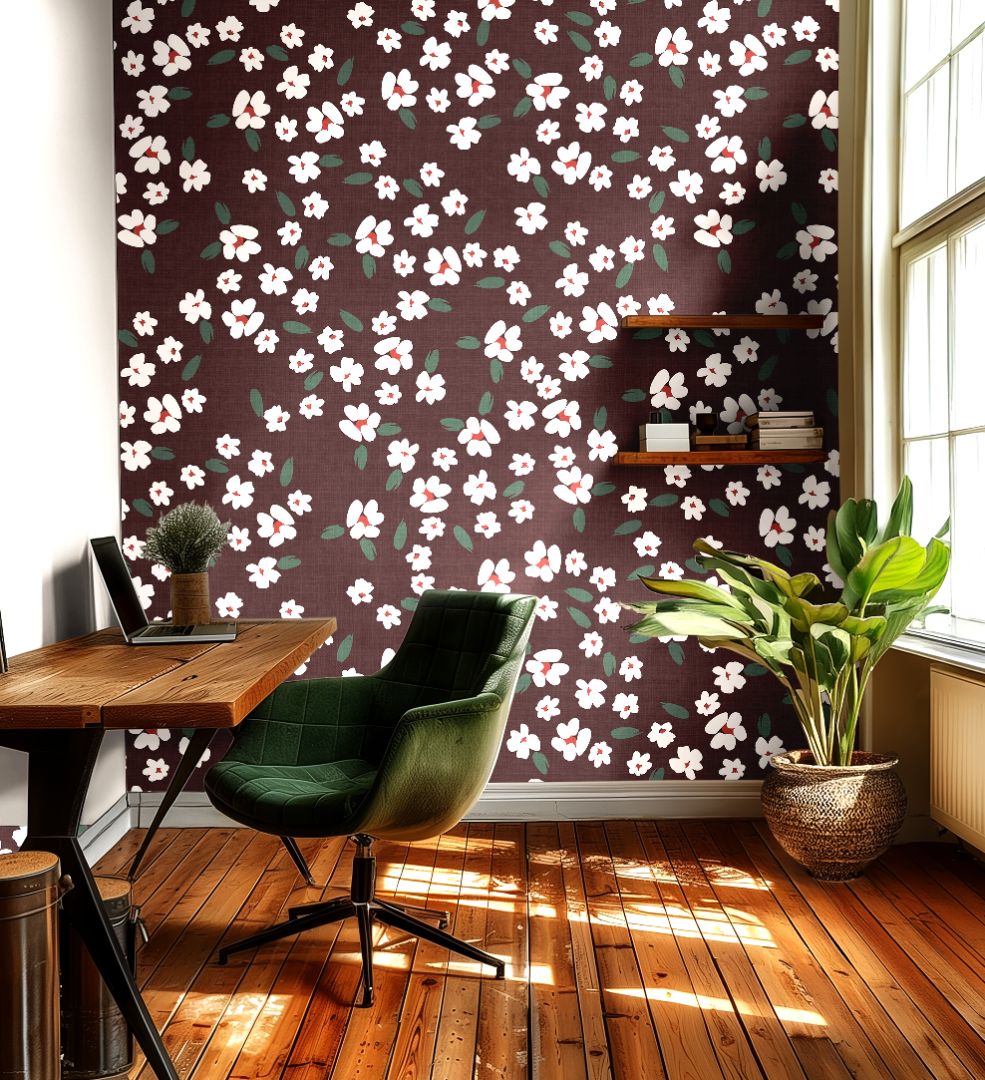 Petals in Merlot floral wallpaper installed in a warm, elegant room setting