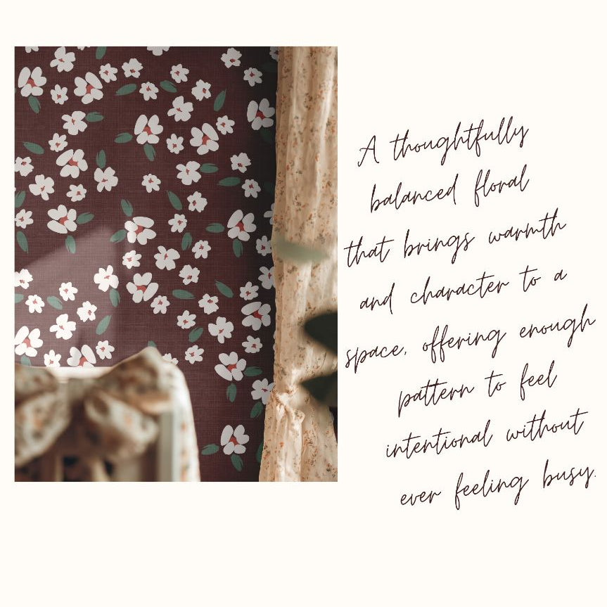 Petals in Merlot floral wallpaper lifestyle image highlighting warmth and balance