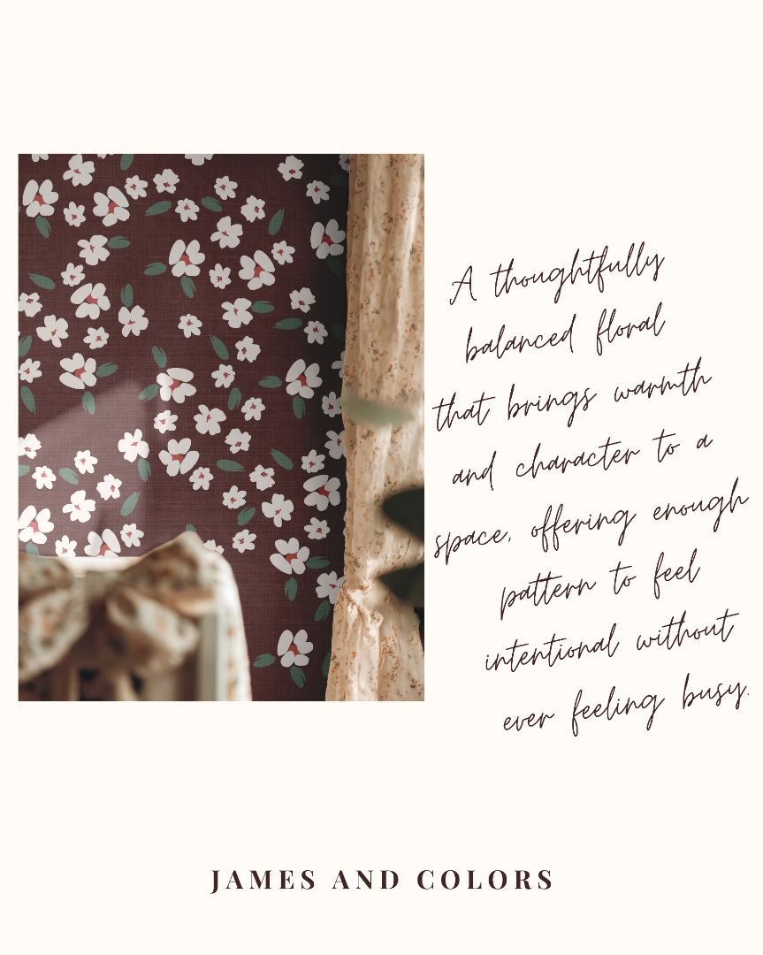 Petals in Merlot floral wallpaper lifestyle image highlighting warmth and balance