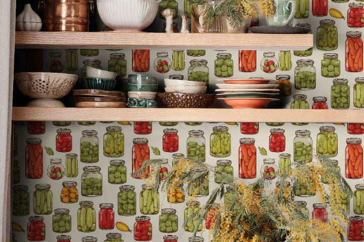 rustic pantry shelves styled with vintage canning jar wallpaper 2138